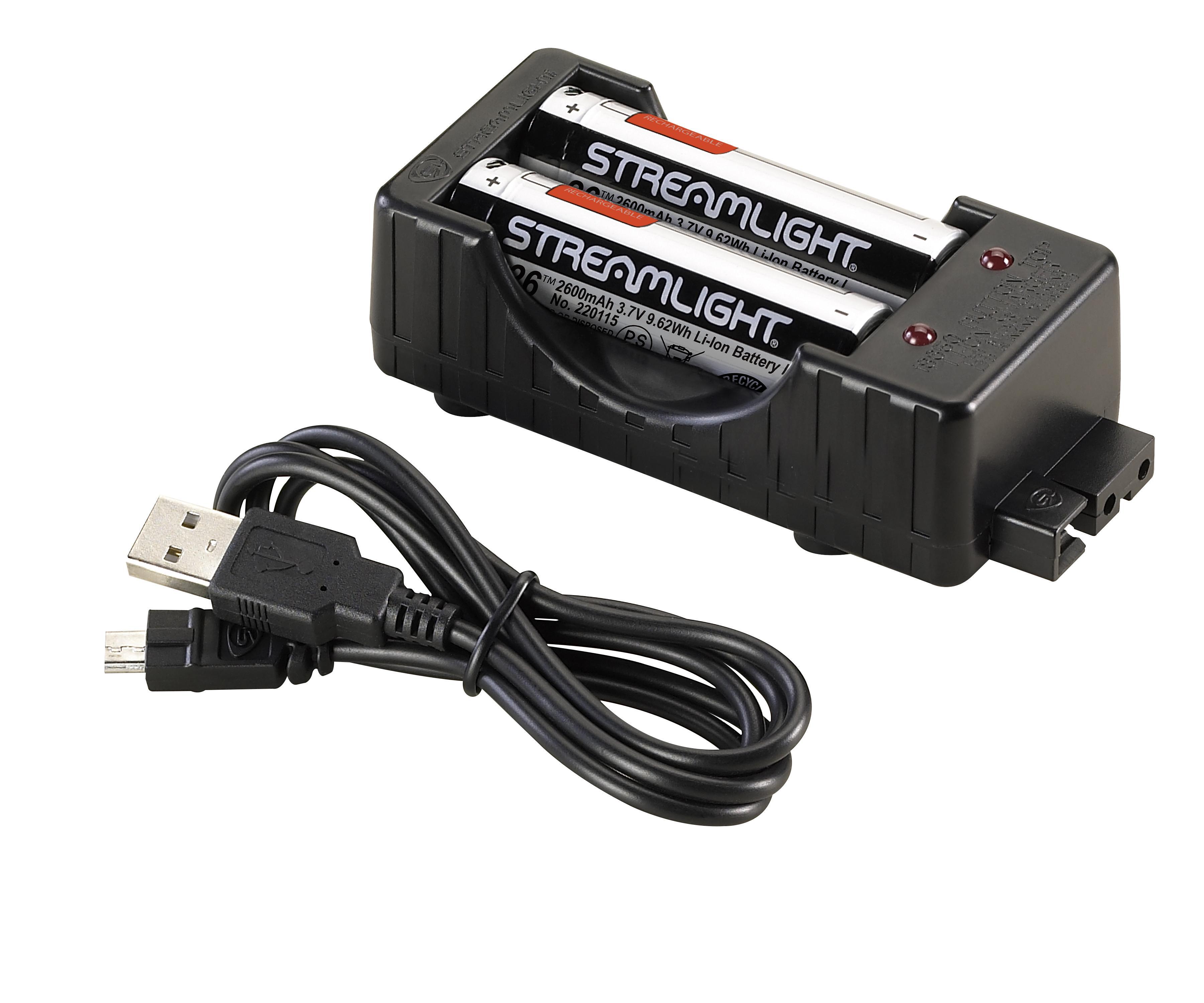 Streamlight&reg; 22010 USB Charger Kit, 2600 mAh Li-Ion Battery, 3-1/2 hr Single Bay, 3-1/2 hr Left Bay Priority, 6-1/2 hr Right Bay Charging, 2 Batteries