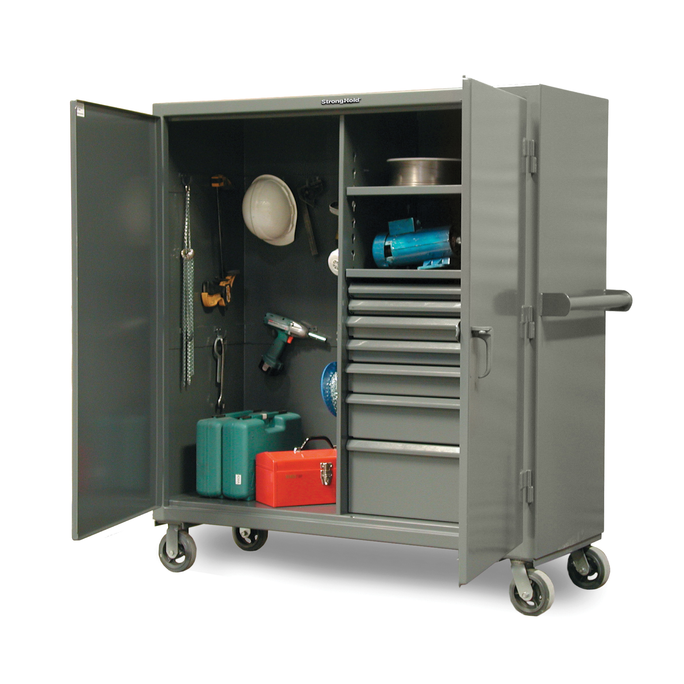 Strong Hold&reg; 5.5342-LL-CA-FLP Heavy Duty Mobile Job Site Cabinet, 66 in W x 68 in H, Steel, Dark Gray