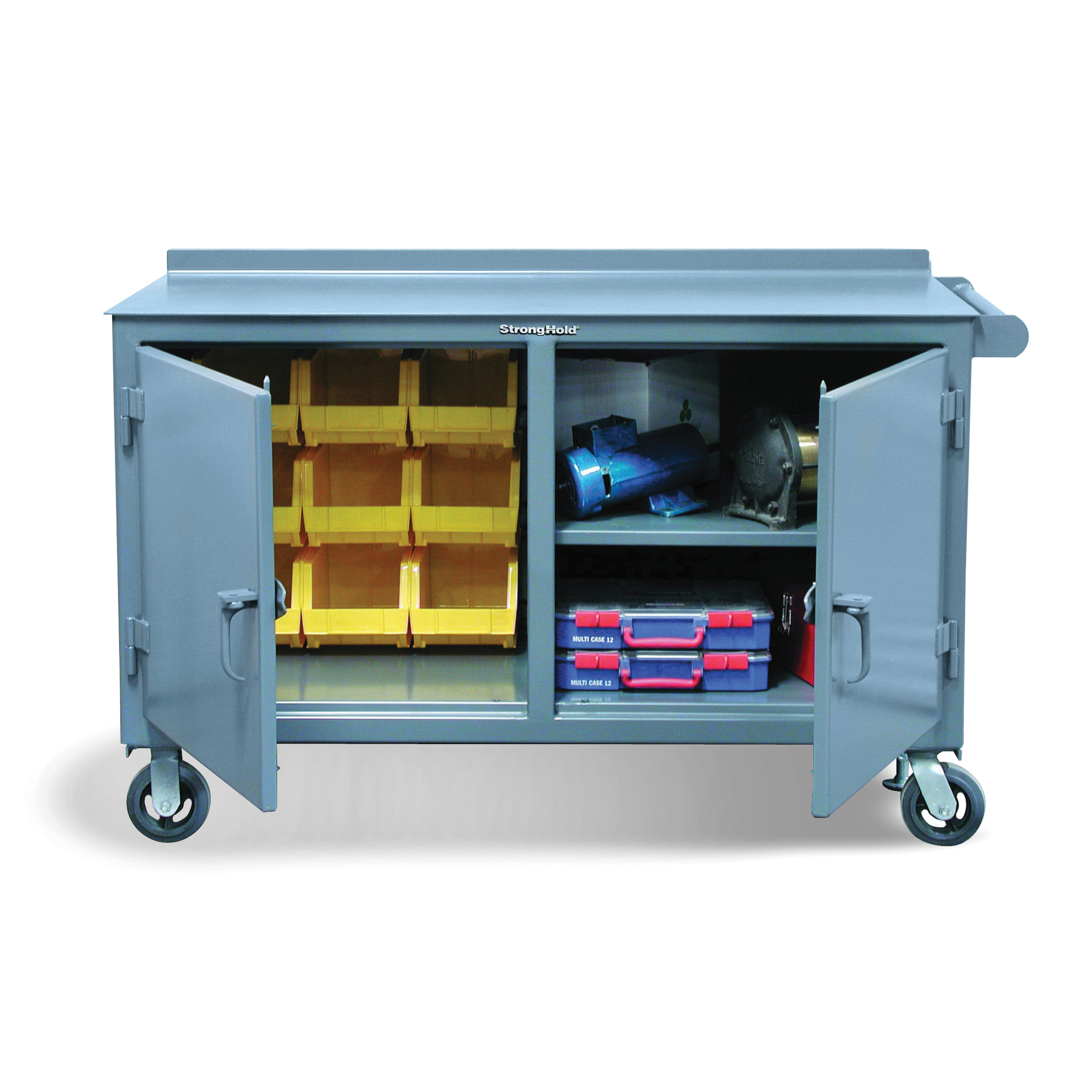 Strong Hold&reg; 4-TC-VS-241-6/5DB-LG Heavy Duty Mobile Maintenance Cart With Vise Shelf and Lock Guard, 36 in H x 48 in W x 24 in D, 12 ga THK