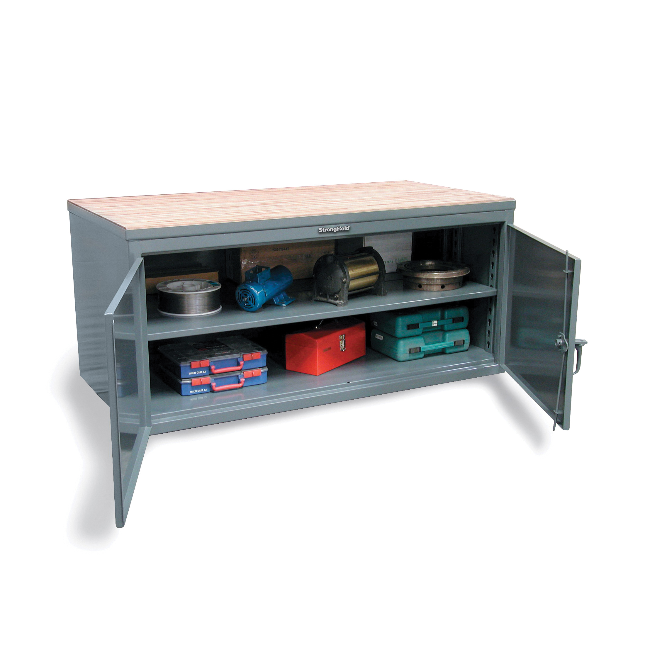 Strong Hold&reg; 73-WB-303-1DB Counter Height Freestanding Workbench With Storage Compartments, 34 in H x 84 in W x 84 in D, Gray