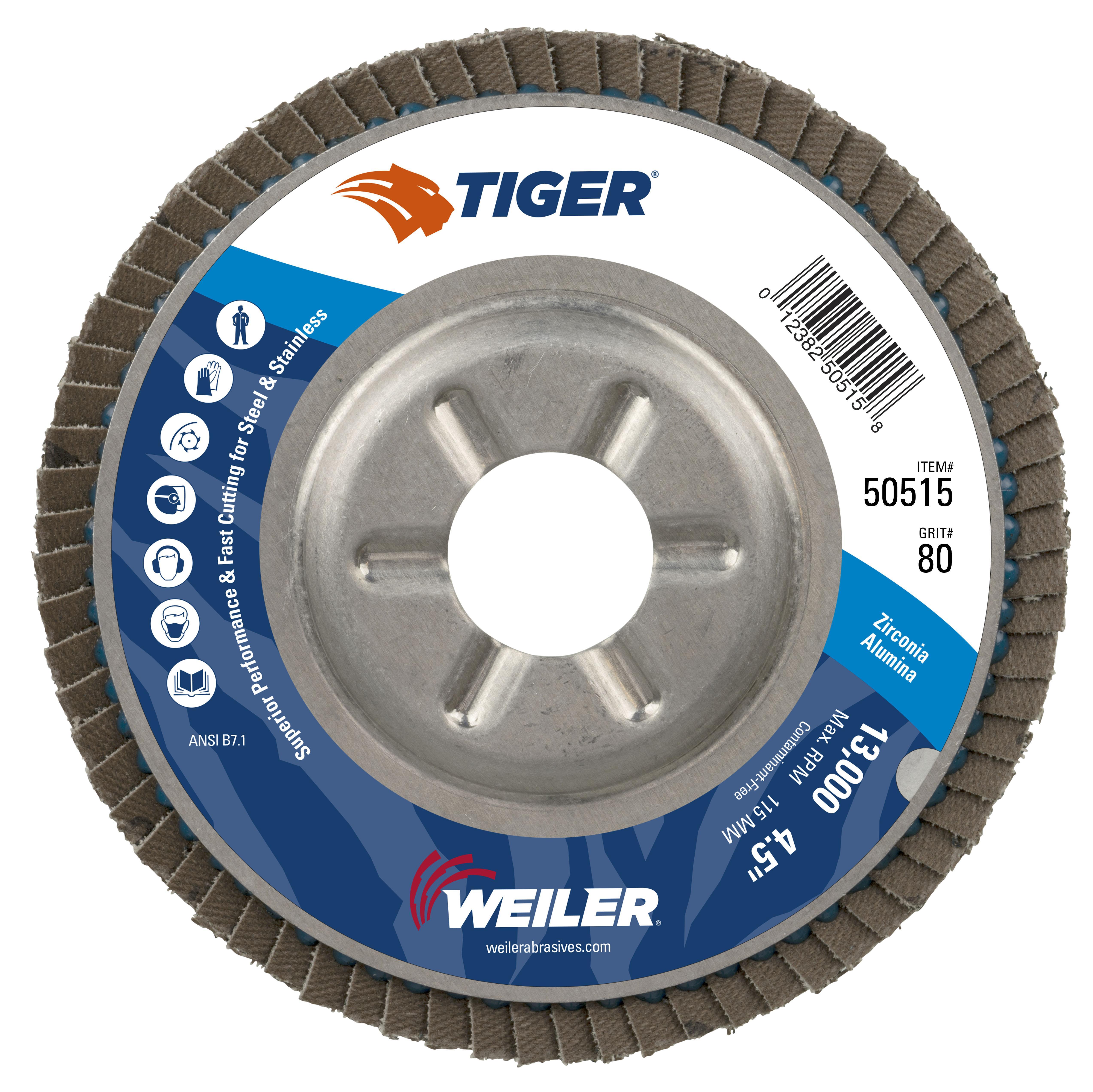 Tiger&reg; 52603 Stem Mount Coated Abrasive Flap Wheel, 1 in Dia Wheel, 1 in W Face, 1/4-20 Dia Shank, 80 Grit, Medium Grade, Aluminum Oxide Abrasive