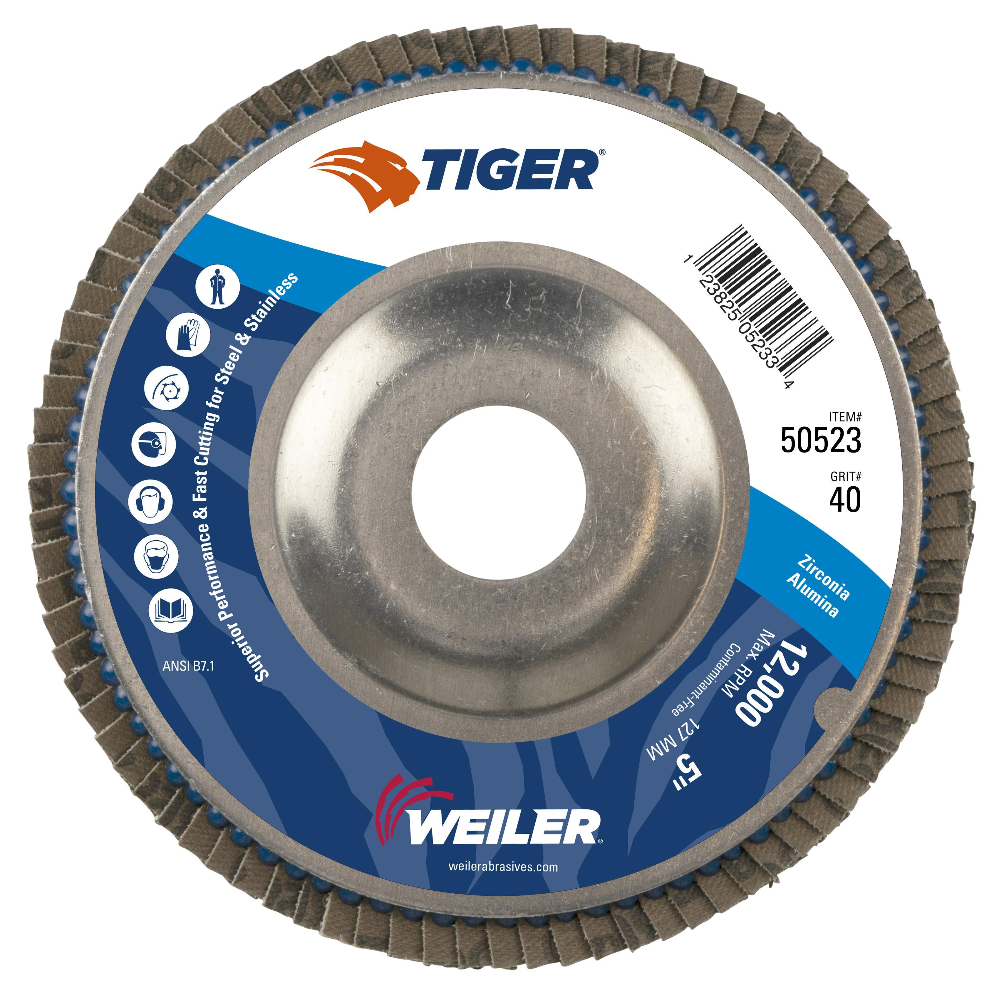 Tiger&reg; 50520 Close Premium Standard Density Coated Abrasive Flap Disc, 4-1/2 in Dia Disc, 80 Grit, Medium Grade, Zirconia Alumina Abrasive, Type 29/Angled Disc