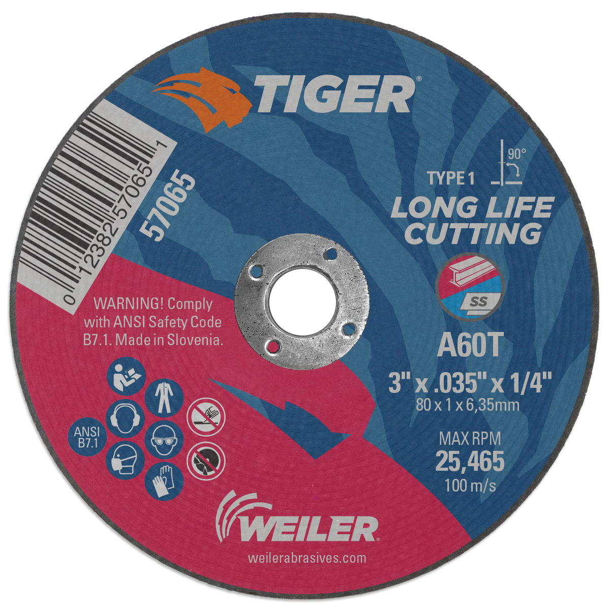 Tiger&reg; 58342 Maximum Performance Cut-Off Wheel, 3 in Dia x 1/16 in THK, 3/8 in Center Hole, 36 Grit, Ceramic Abrasive