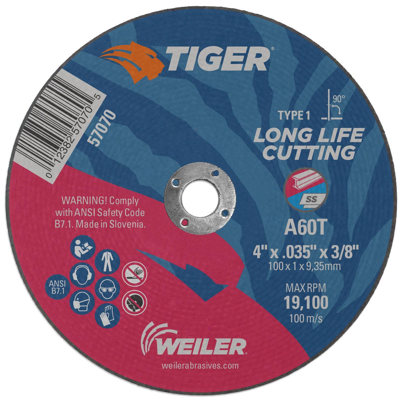 Tiger&reg; AO 57089 Long Life Performance Cutting Wheel, 16 in Dia x 1/8 in THK, 1 in Center Hole, 30 Grit