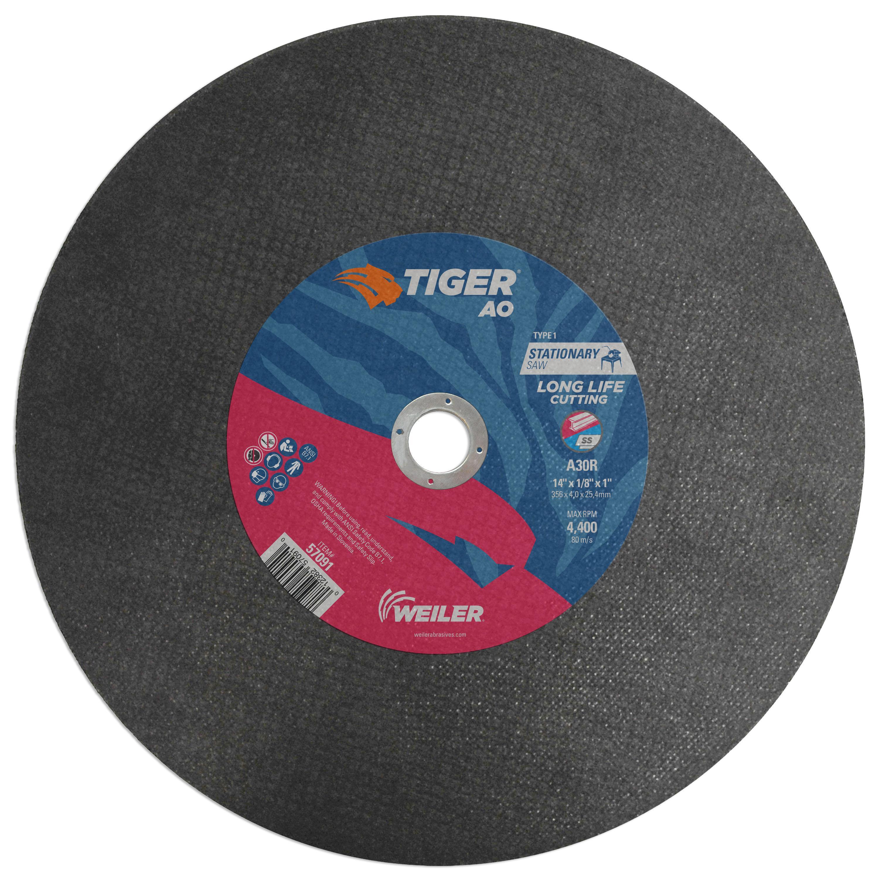 Tiger&reg; AO 57020 Flat Long Life Performance Line Reinforced Small Thin Cut-Off Wheel, 4-1/2 in Dia 0.045 in THK, 7/8 in Center Hole, A60T Grit, Premium Aluminum Oxide Abrasive