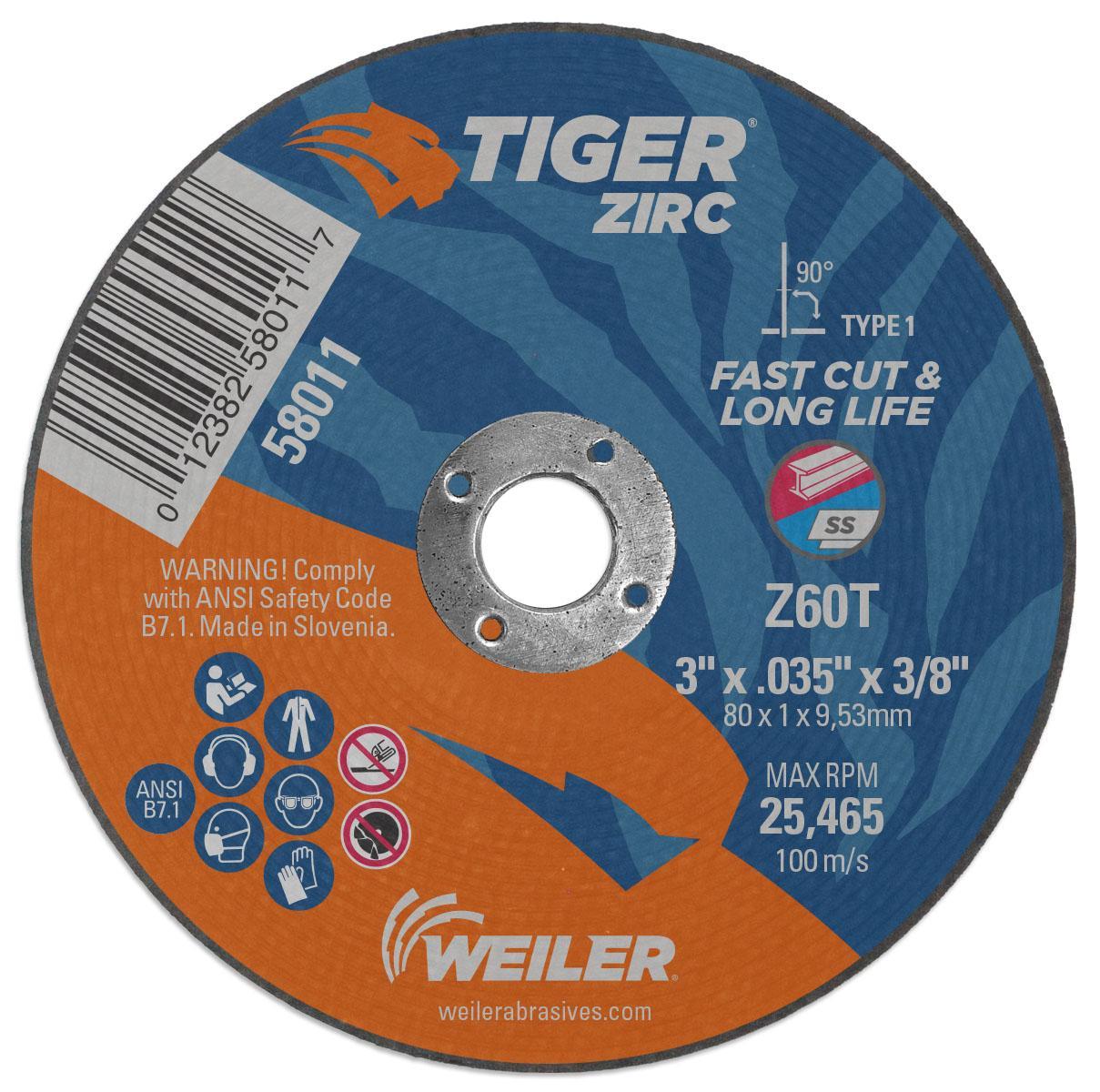 Tiger® 57060 Flat Long Life Reinforced Small Cut-Off Wheel, 3 in Dia x 1/16 in THK, 3/8 in Center Hole, A36T Grit, Premium Aluminum Oxide Abrasive