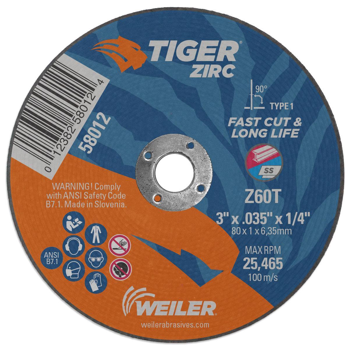 Tiger&reg; Zirc 58002 Fast Cut and Long Life Flat Performance Line Small Thin Cut-Off Wheel, 6 in Dia 0.045 in THK, 7/8 in Center Hole, Z60T Grit, Zirconia Alumina Abrasive