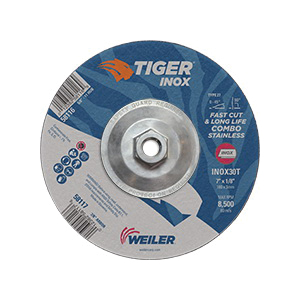 Tiger&reg; Inox 58122 Contaminant-Free Performance Line Depressed Center Grinding Wheel, 5 in Dia 1/4 in THK, 24 Grit, White Aluminum Oxide Abrasive
