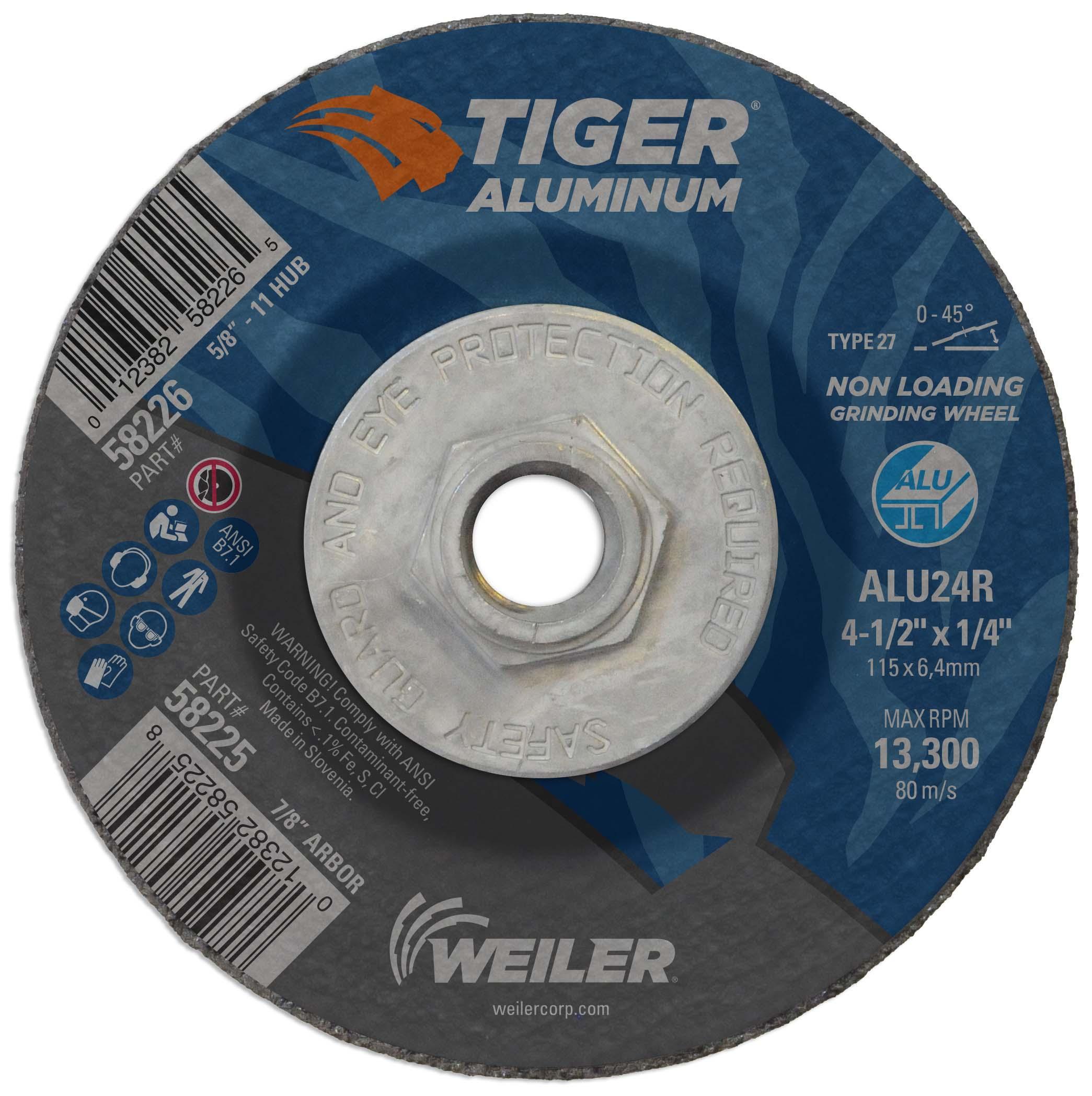 Tiger&reg; Aluminum 58225 Contaminant-Free Non-Loading Performance Line Depressed Center Grinding Wheel, 4-1/2 in Dia 1/4 in THK, 7/8 in Center Hole, 24 Grit, Silicon Carbide/Aluminum Oxide Abrasive
