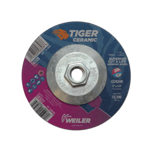 Tiger® 57081 Long Life Performance Line Depressed Center Cutting Wheel, 4-1/2 in Dia x 3/32 in THK, 7/8 in Center Hole, 60 Grit, Premium Aluminum Oxide Abrasive