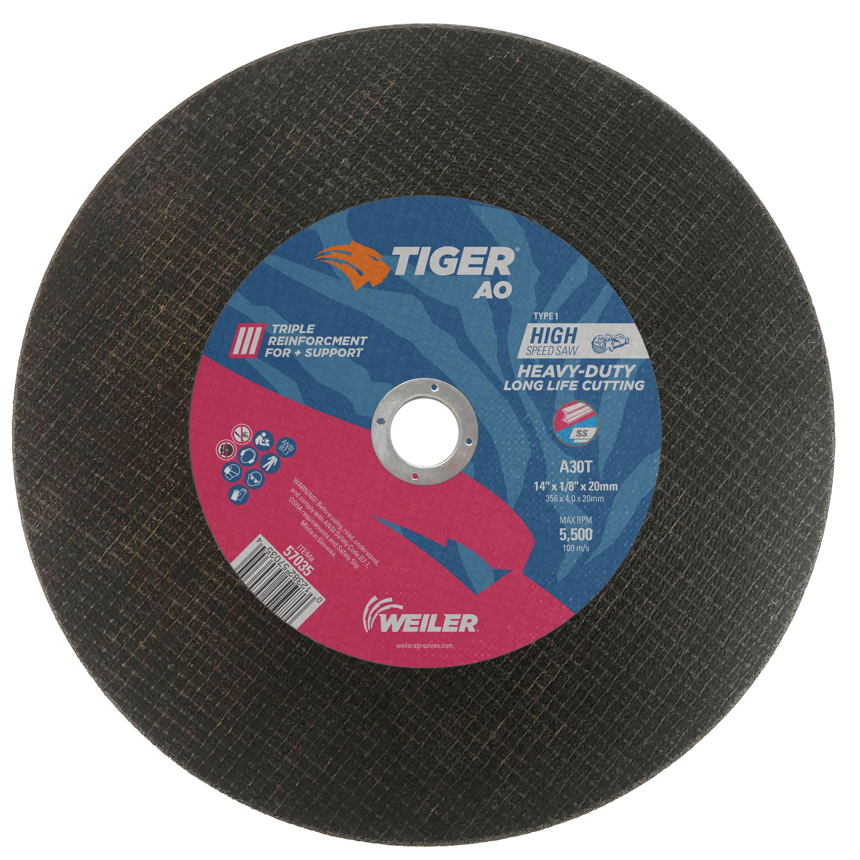 Tiger&reg; AO 57081 Long Life Performance Line Depressed Center Cutting Wheel, 4-1/2 in Dia 3/32 in THK, 7/8 in Center Hole, 60 Grit, Premium Aluminum Oxide Abrasive