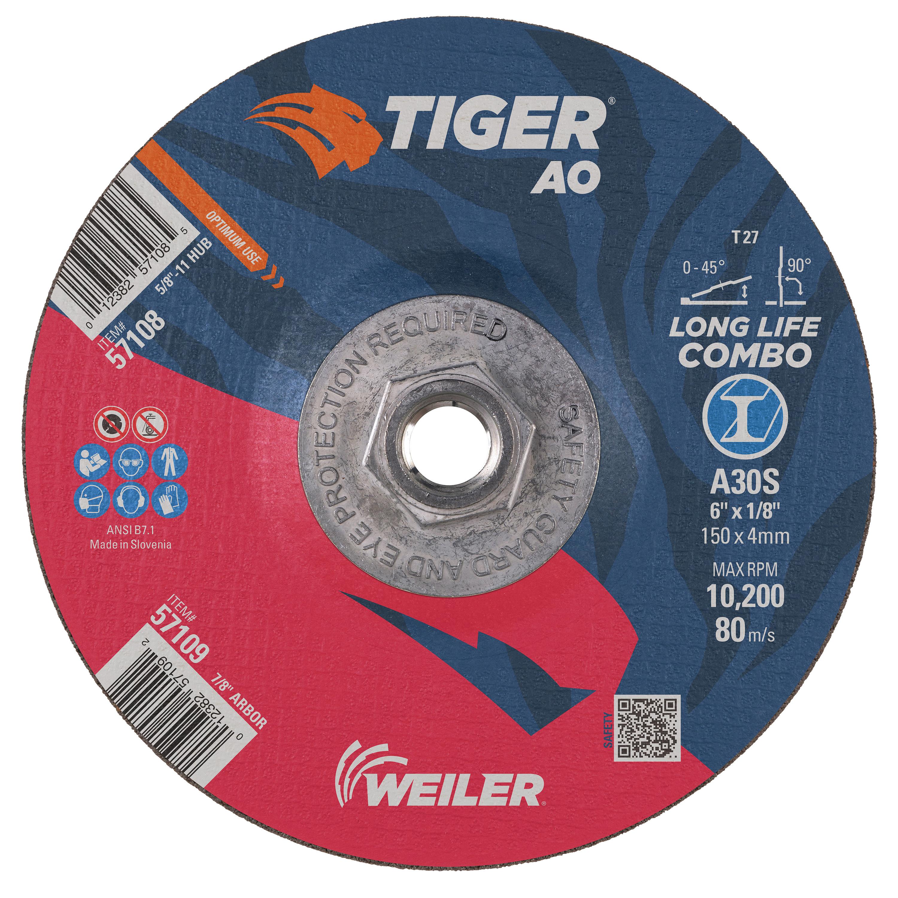 Tiger&reg; AO 57022 Flat Long Life Performance Line Reinforced Small Thin Cut-Off Wheel, 6 in Dia 0.045 in THK, 7/8 in Center Hole, A60T Grit, Premium Aluminum Oxide Abrasive