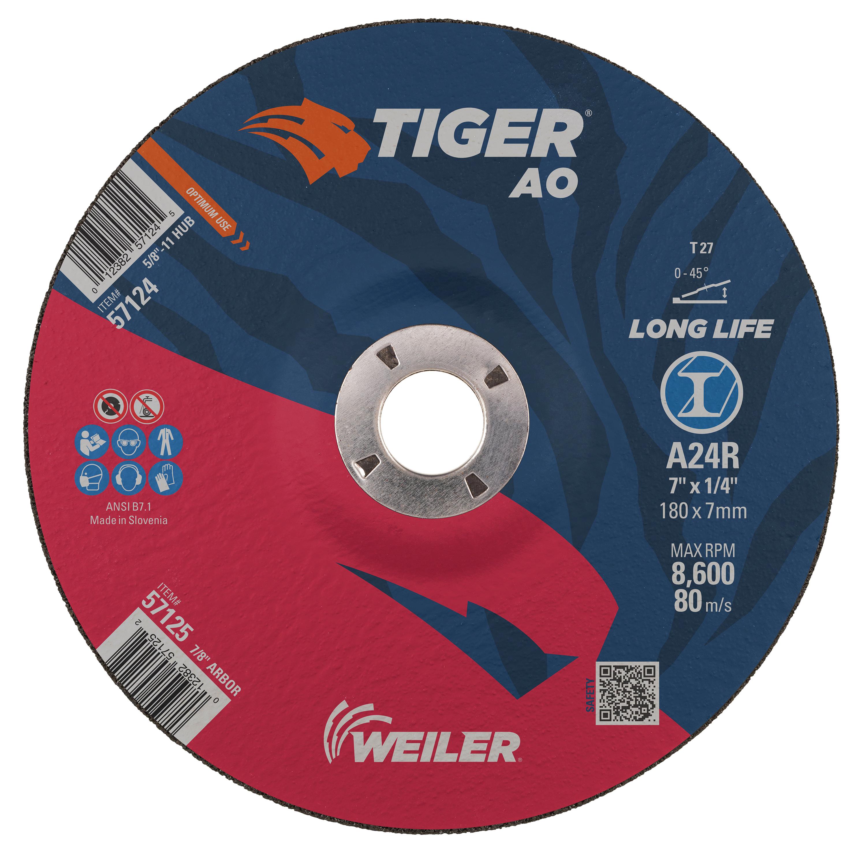 Tiger&reg; AO 57063 Flat Long Life Performance Cut Cutting Wheel, 3 in Dia 1/8 in THK, 3/8 in Center Hole, 36 Grit, Aluminum Oxide Abrasive
