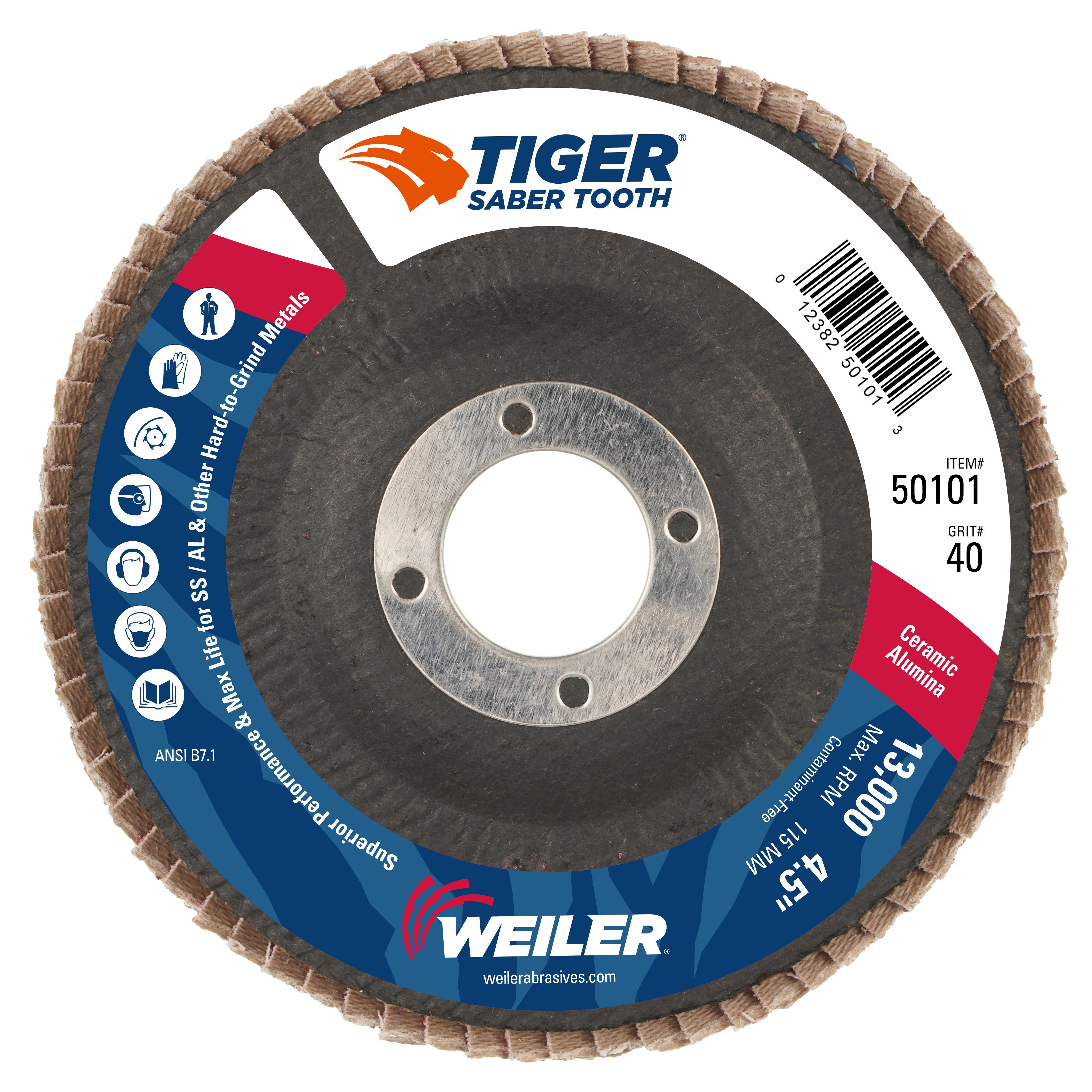 Tiger&reg; Ceramic 69860 Max Performance Performance Line Superior Life and Cut Coated Abrasive Disc, 5 in Dia Disc, 7/8 in Center Hole, 60 Grit, Coarse Grade, Ceramic Alumina Abrasive, Arbor Attachment