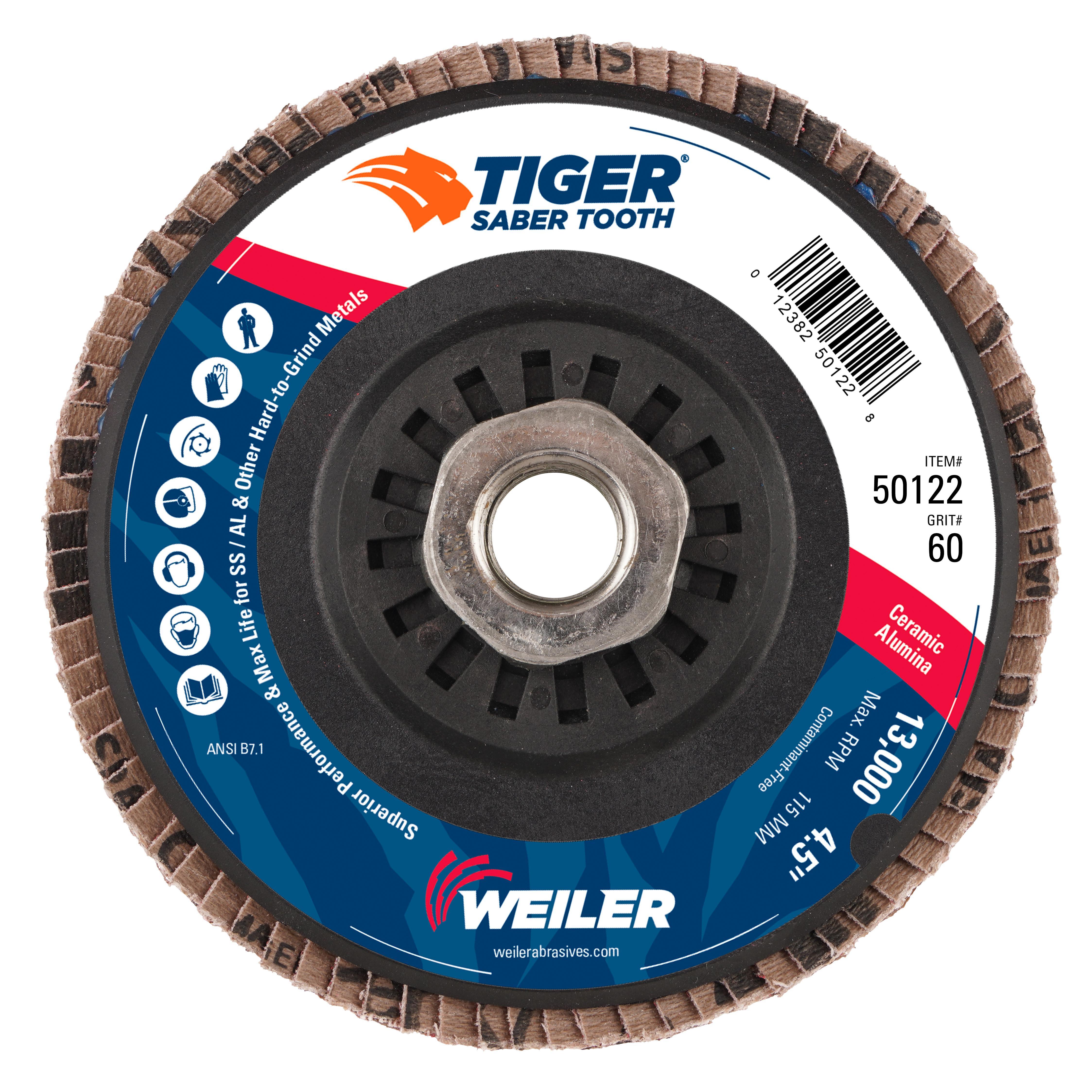 Tiger&reg; Ceramic 69864 Max Performance Performance Line Superior Life and Cut Coated Abrasive Disc, 7 in Dia Disc, 7/8 in Center Hole, 24 Grit, Extra Coarse Grade, Ceramic Alumina Abrasive, Arbor Attachment