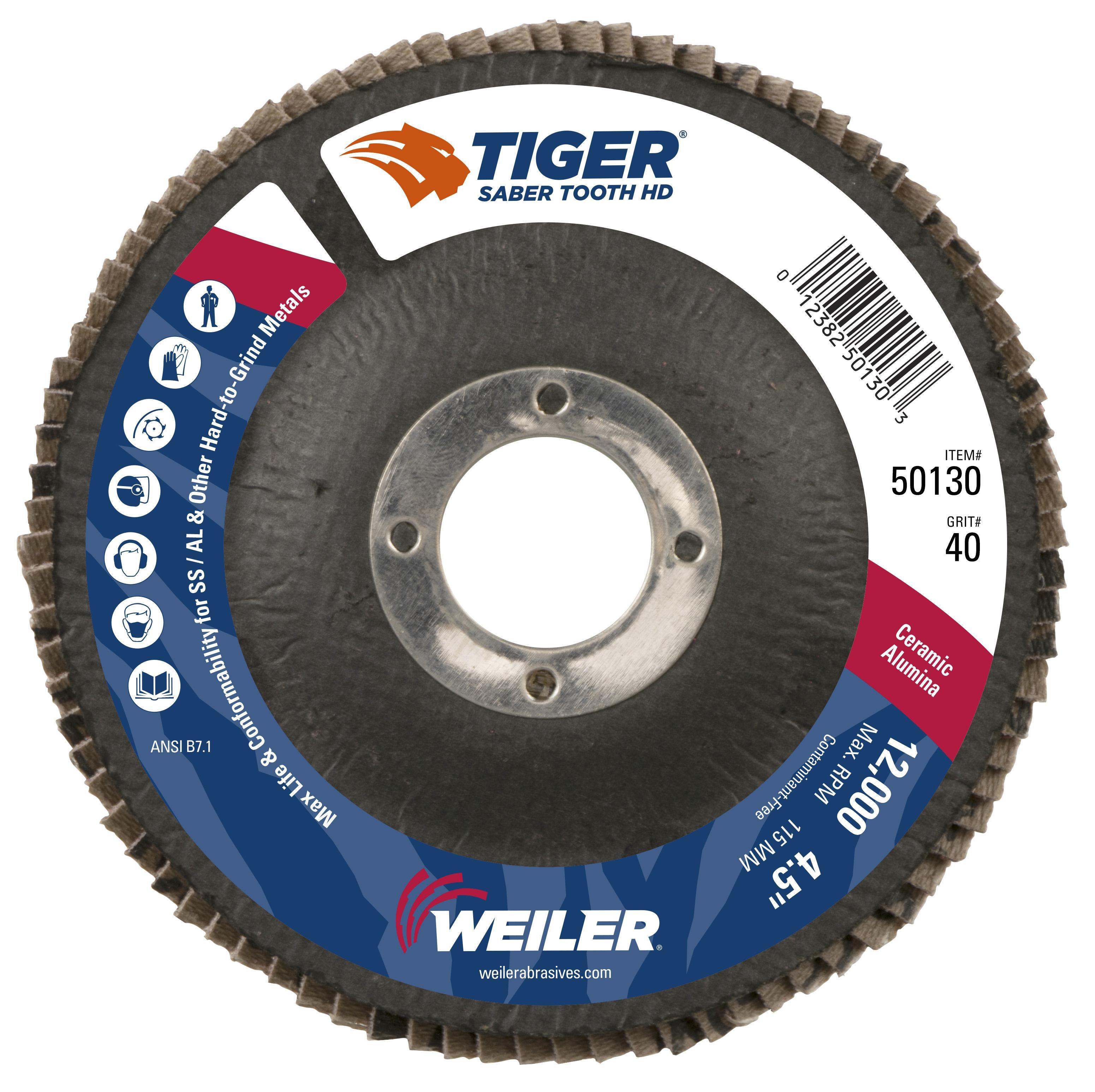 Tiger® Ceramic 50139 High Density Open Premium Coated Abrasive Flap Disc, 7 in Dia Disc, 40 Grit, Coarse Grade, Ceramic Alumina Abrasive, Type 27 Flat Disc