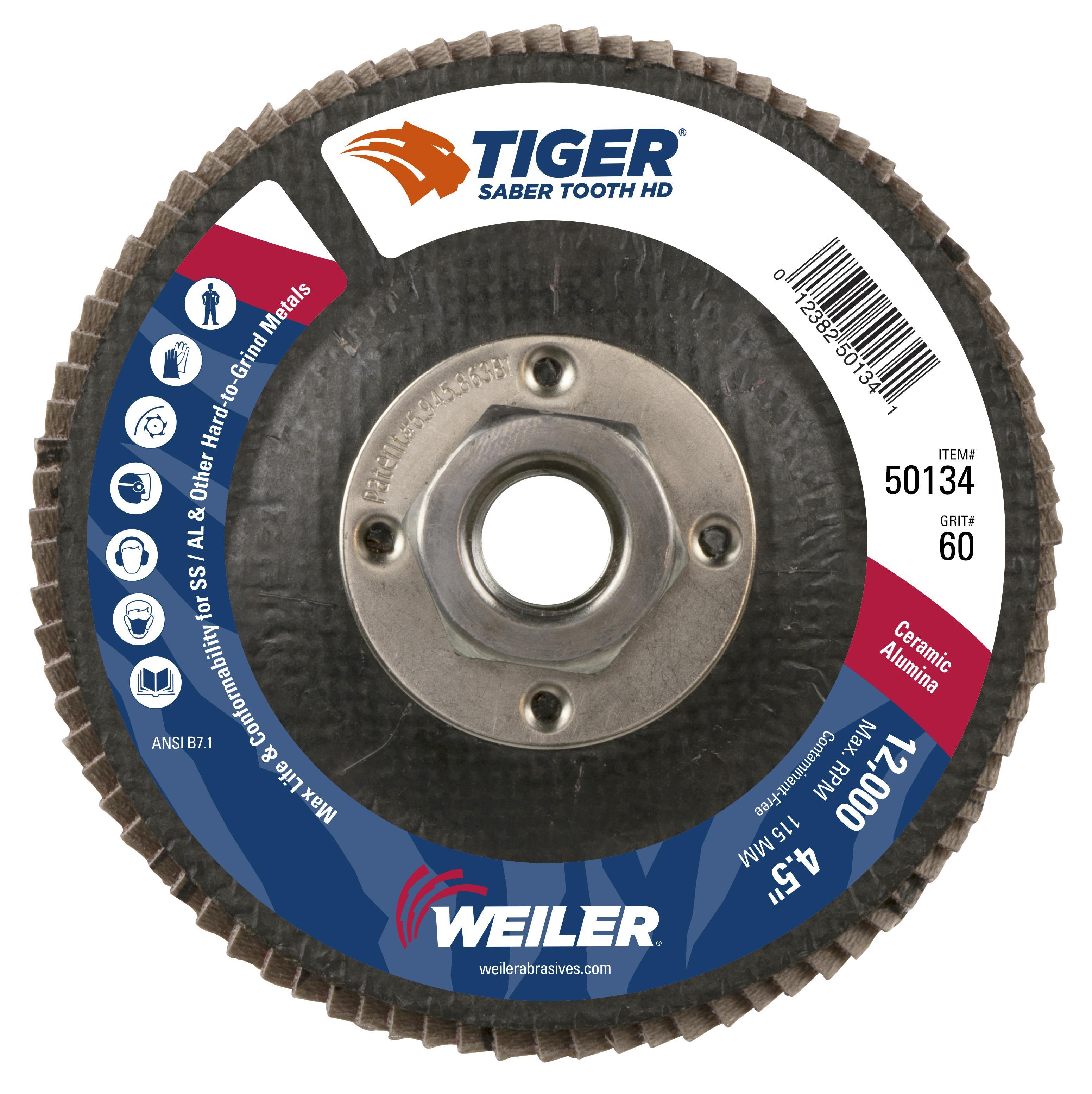 Tiger® Ceramic 50130 High Density Premium Coated Abrasive Flap Disc, 4-1/2 in Dia Disc, 7/8 in Center Hole, 40 Grit, Coarse Grade, Ceramic Alumina Abrasive, Type 27 Flat Disc
