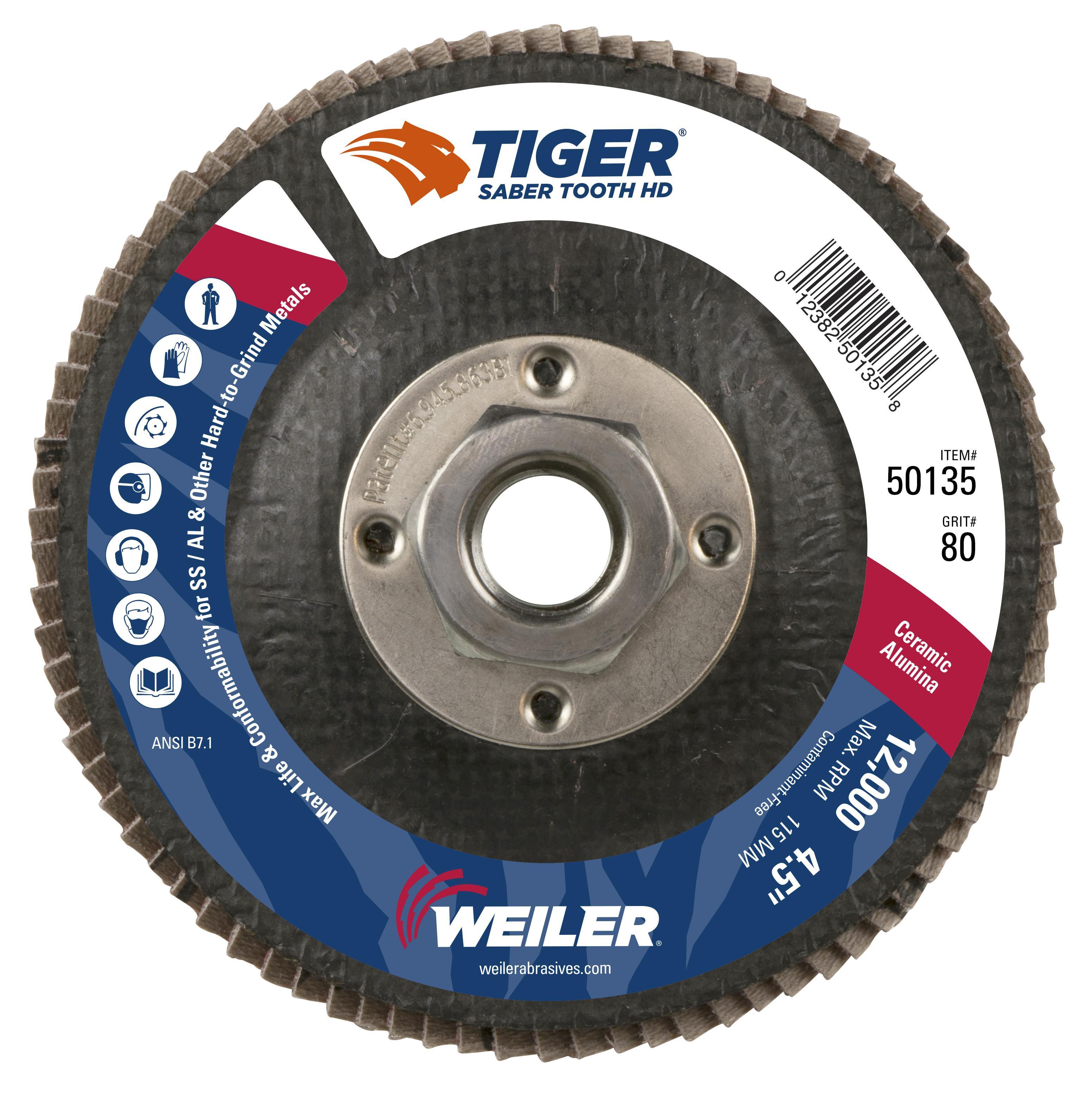 Tiger® Ceramic 50140 High Density Premium Coated Abrasive Flap Disc, 7 in Dia Disc, 60 Grit, Medium Grade, Ceramic Alumina Abrasive, Type 27 Flat Disc