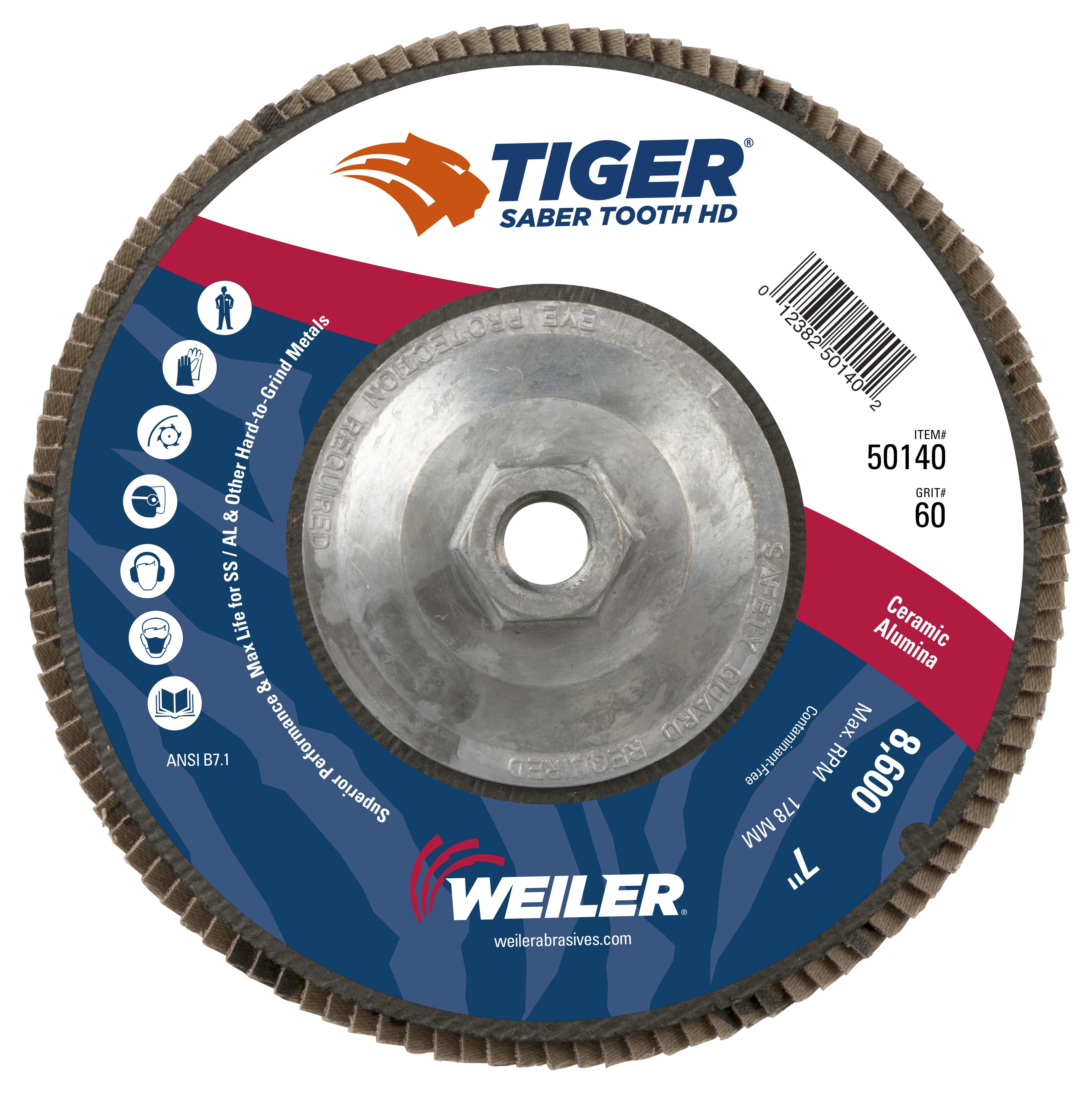 Tiger® Ceramic 50133 High Density Premium Coated Abrasive Flap Disc, 4-1/2 in Dia Disc, 40 Grit, Coarse Grade, Ceramic Alumina Abrasive, Type 27 Flat Disc