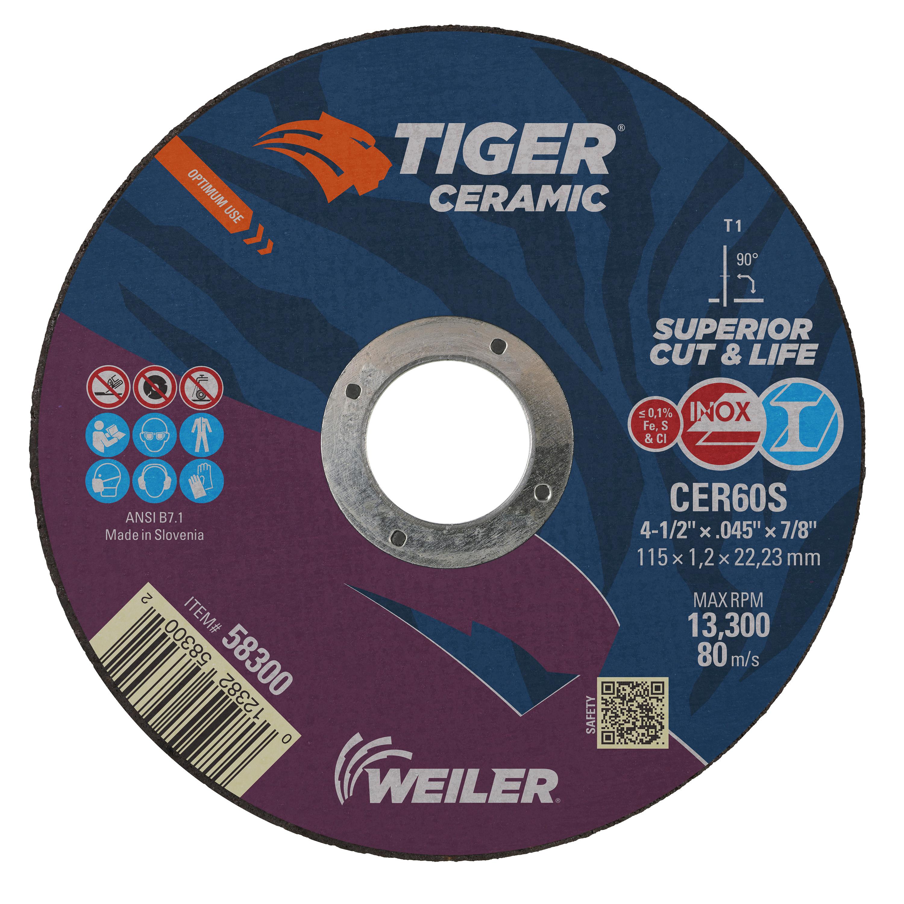 Tiger&reg; AO 57060 Flat Long Life Reinforced Small Cut-Off Wheel, 3 in Dia 1/16 in THK, 3/8 in Center Hole, A36T Grit, Premium Aluminum Oxide Abrasive