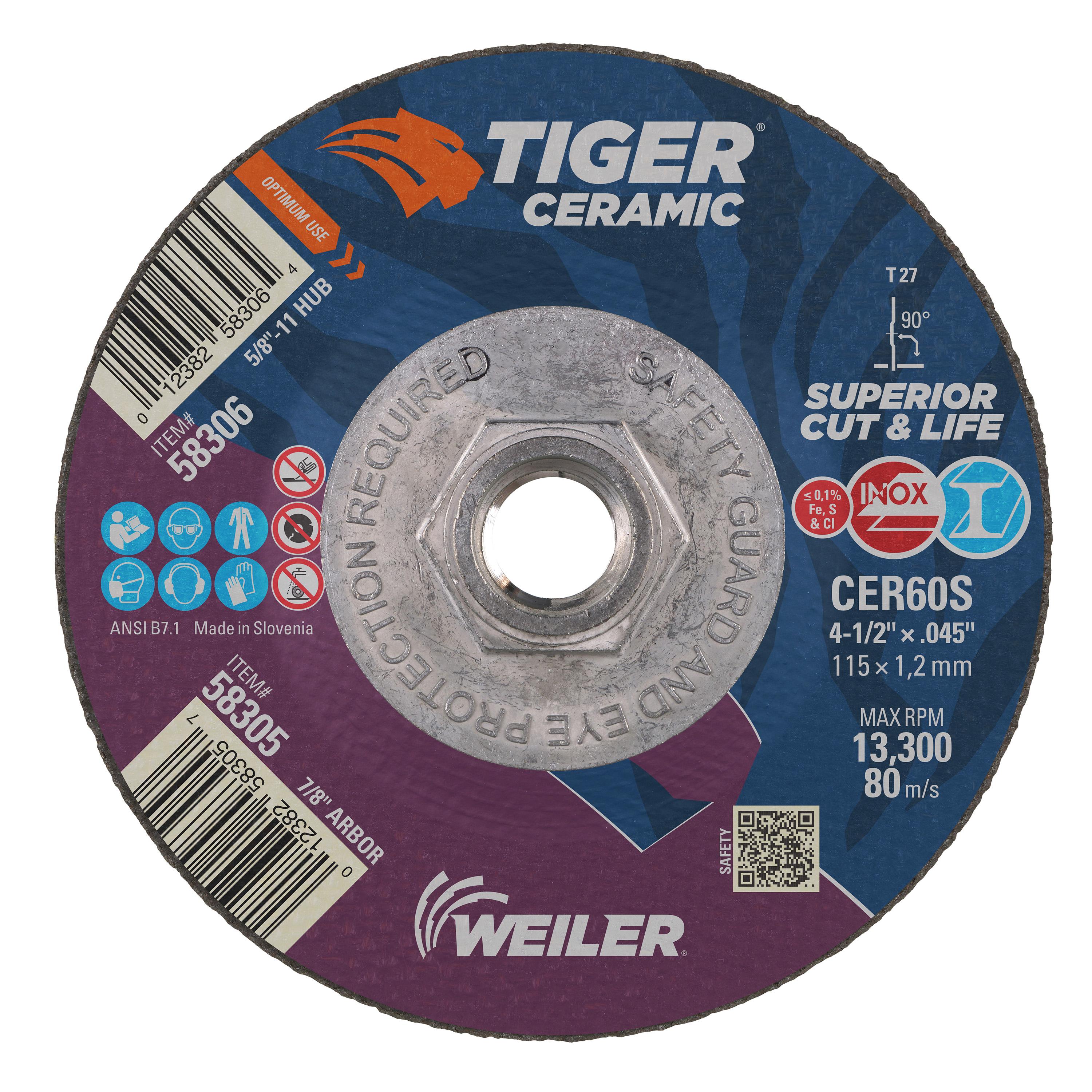 Tiger&reg; Ceramic 68389 Long Life Maximum Performance Superior Cut Grinding Wheel, 7 in Dia x 1/4 in THK, 24 Grit
