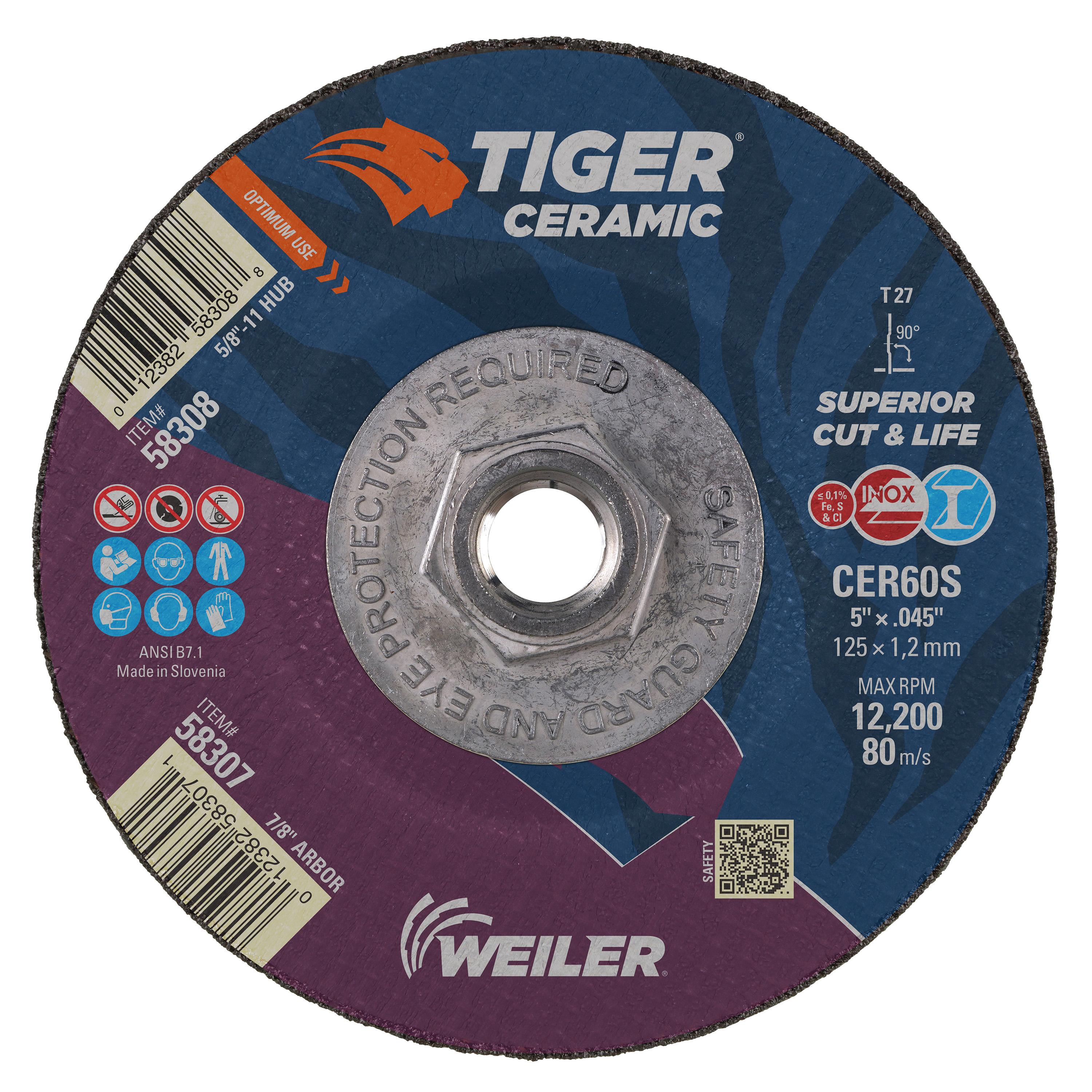 Tiger&reg; Ceramic 58300 Superior Life and Cut Cut-Off Wheel, 4-1/2 in Dia 0.045 in THK, 7/8 in Center Hole, 60S Grit, Ceramic Alumina Abrasive