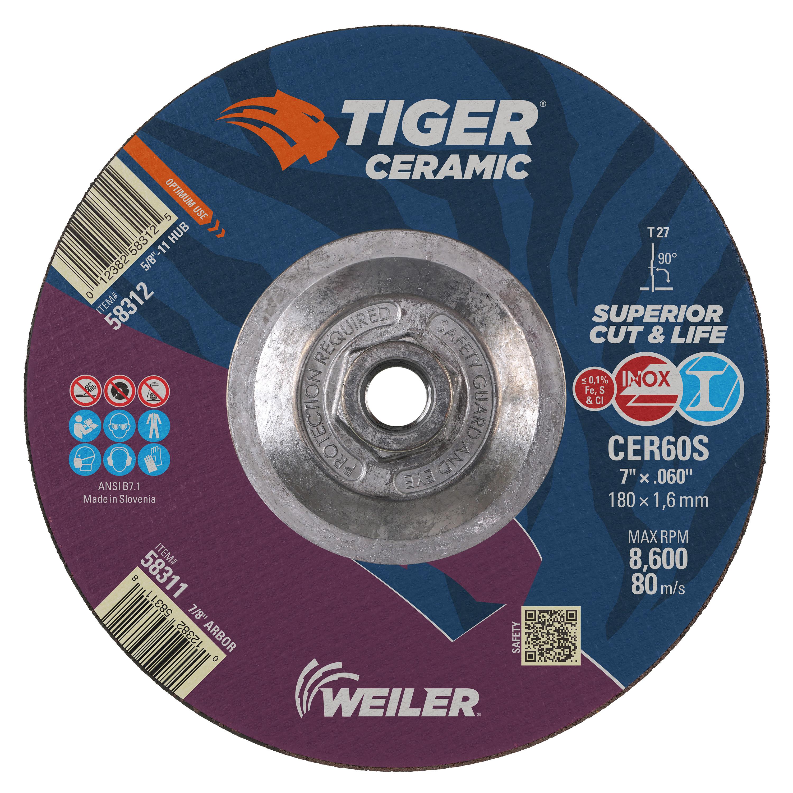 Tiger&reg; Ceramic 50130 High Density Premium Coated Abrasive Flap Disc, 4-1/2 in Dia Disc, 7/8 in Center Hole, 40 Grit, Coarse Grade, Ceramic Alumina Abrasive, Type 27 Flat Disc