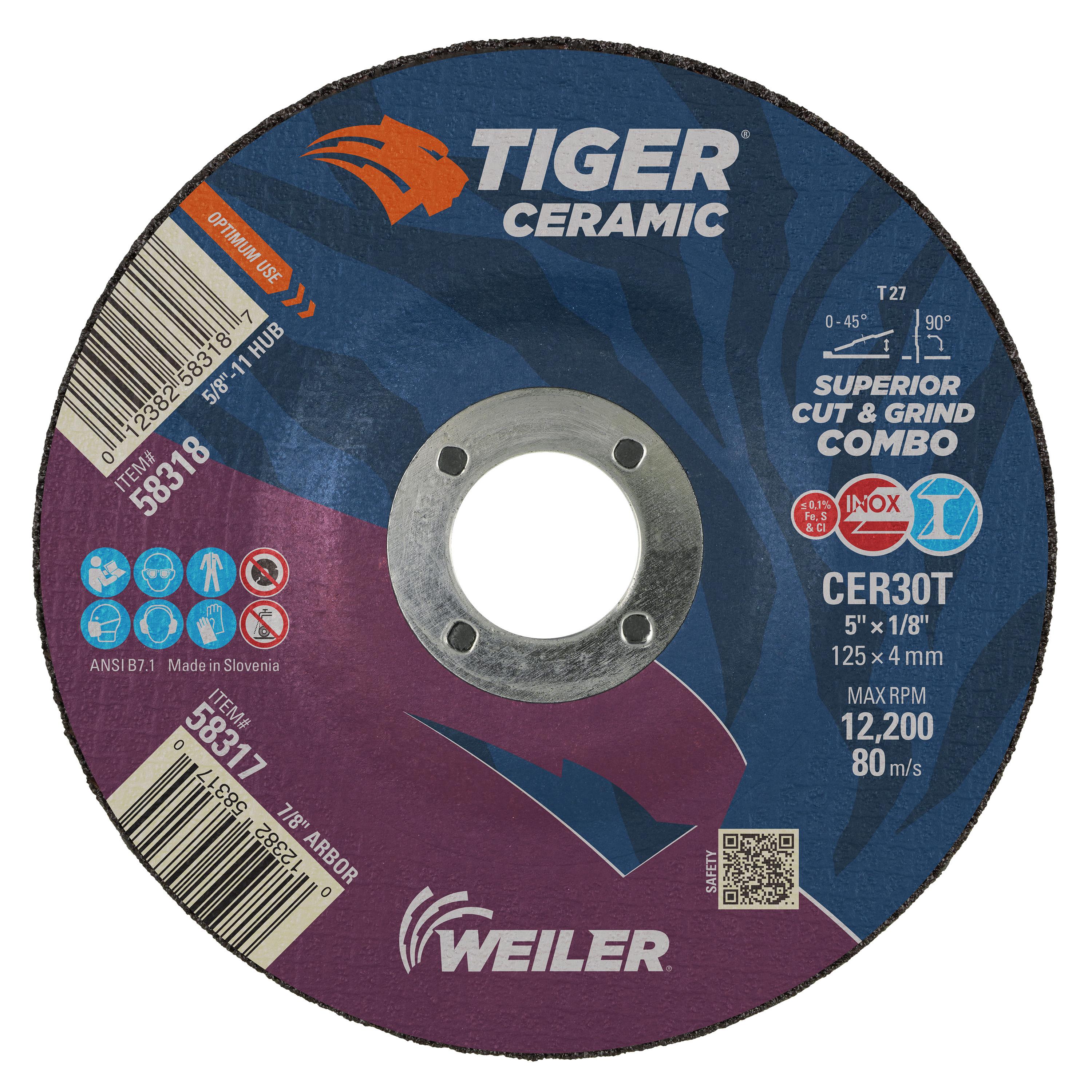 Tiger&reg; Ceramic 58320 Combination Long Life Performance Line Superior Life and Cut Depressed Center Combo Wheel, 6 in Dia 1/8 in THK, 30 Grit, Ceramic Alumina Abrasive