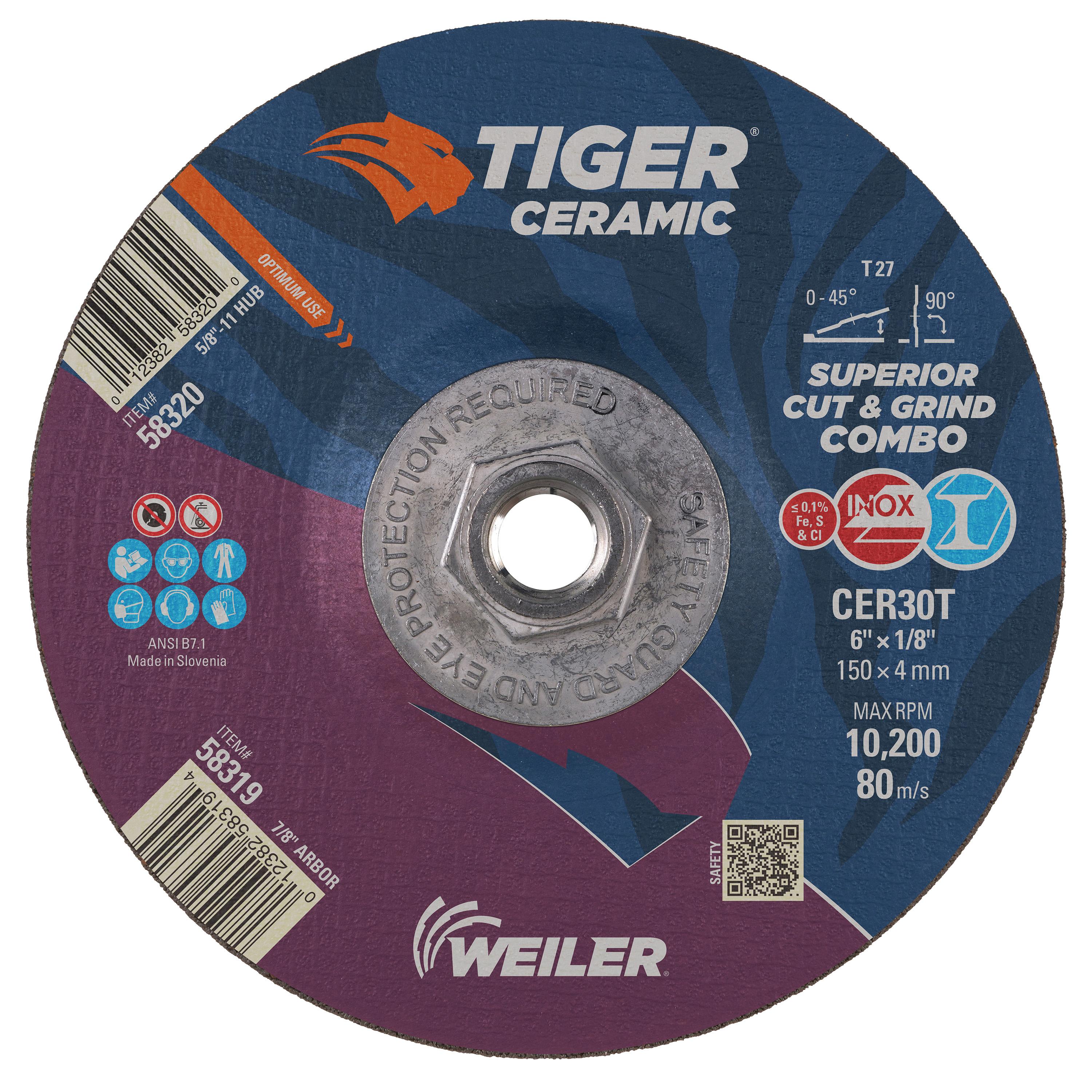 Tiger&reg; Ceramic 58312 Performance Line Superior Life and Cut Depressed Center Cutting Wheel, 7 in Dia 0.06 in THK, 60 Grit, Ceramic Alumina Abrasive