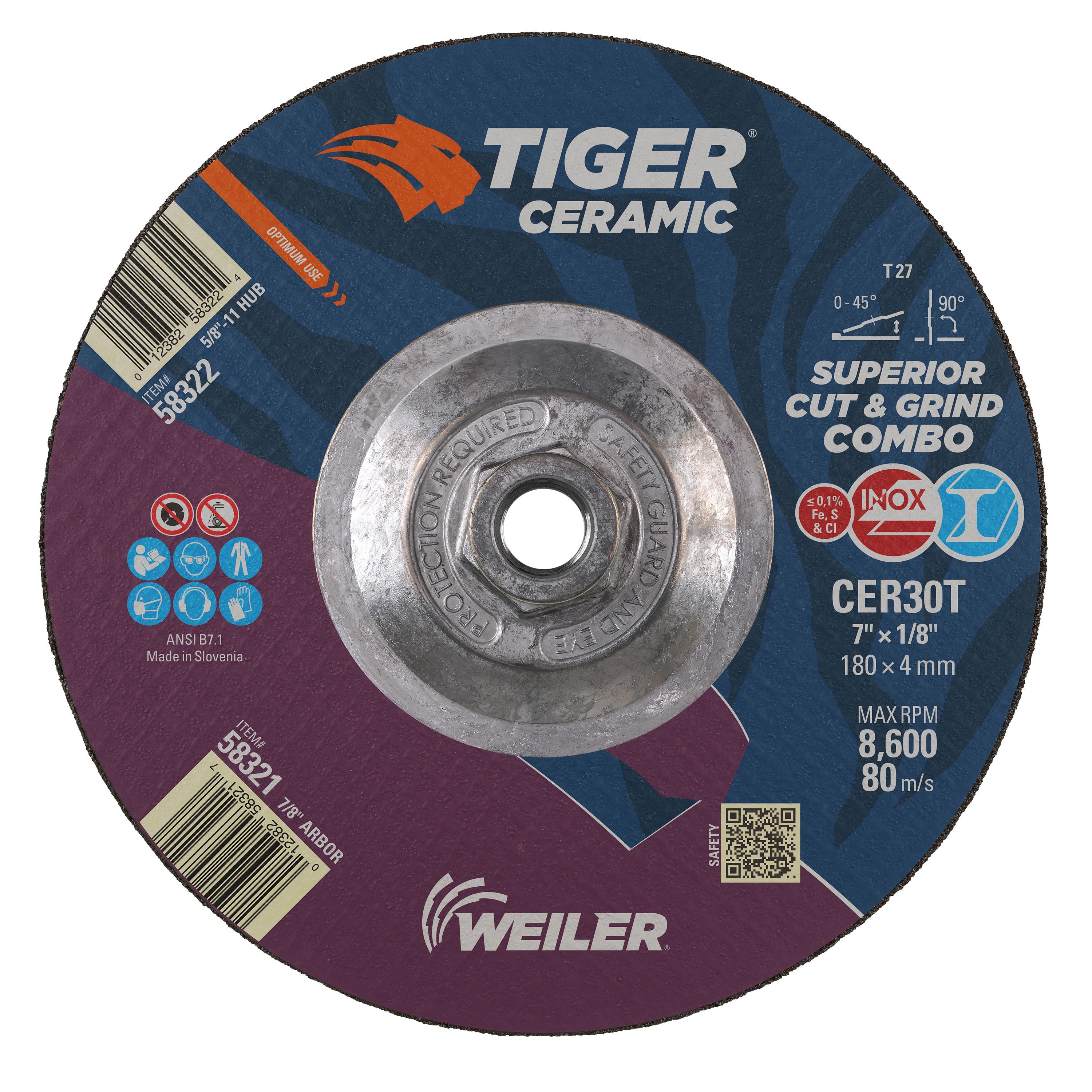 Tiger&reg; Ceramic 58300 Superior Life and Cut Cut-Off Wheel, 4-1/2 in Dia 0.045 in THK, 7/8 in Center Hole, 60S Grit, Ceramic Alumina Abrasive
