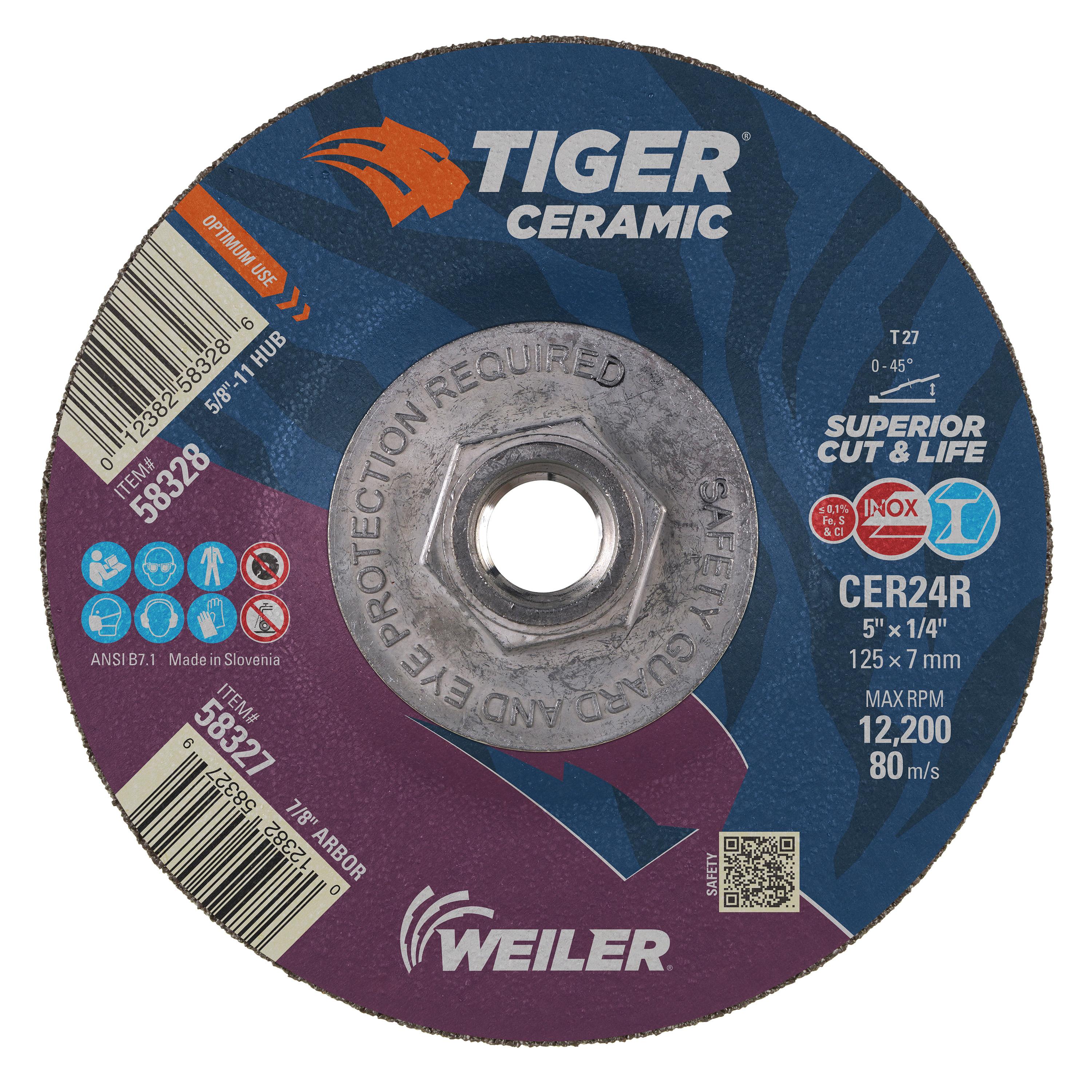 Tiger&reg; Ceramic 58335 Maximum Performance Grinding Wheel, 4 in Dia 1/4 in THK, 5/8-11 UNC Center Hole, 24 Grit, Ceramic Abrasive