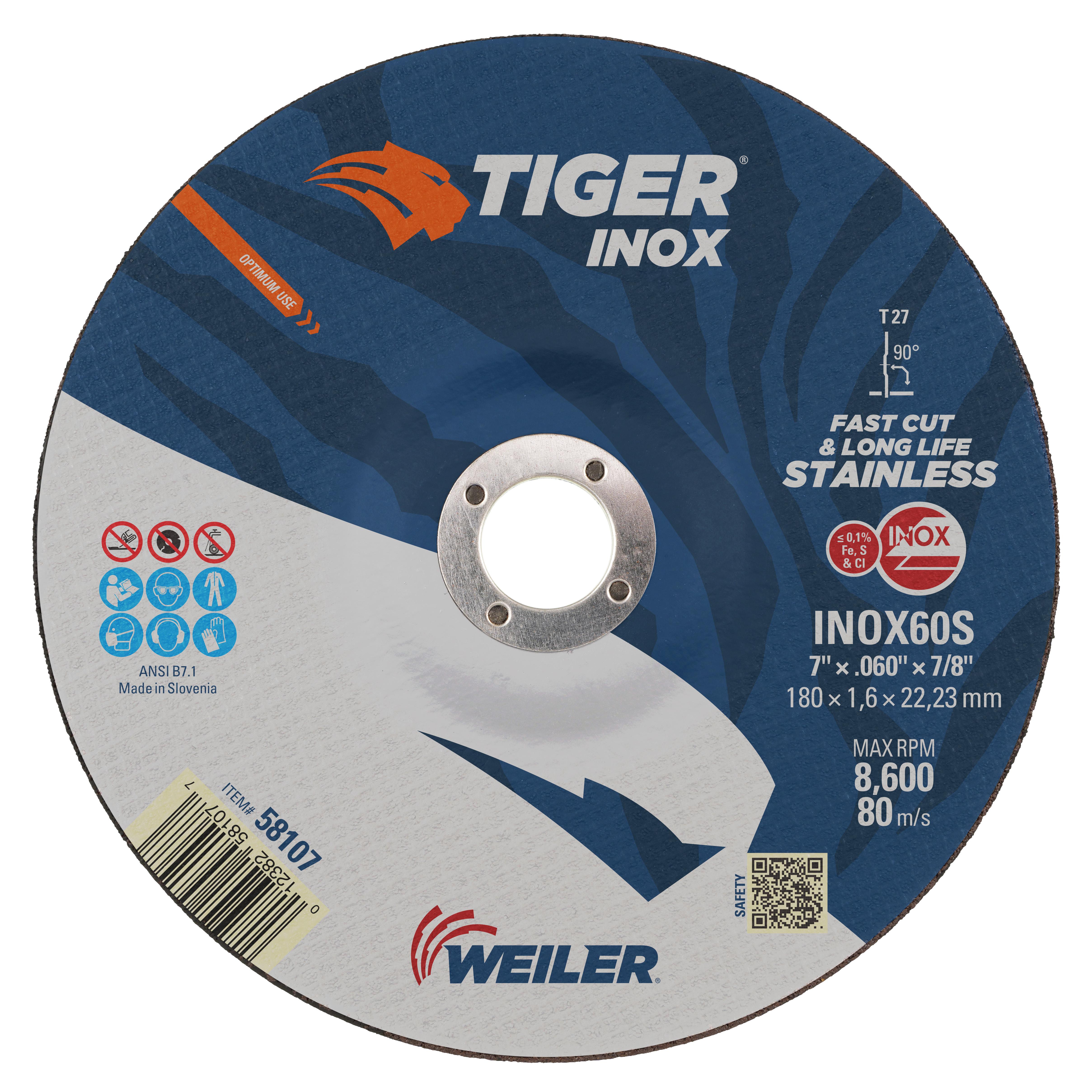 Tiger&reg; Inox 58101 Flat Long Life Performance Line Thin Cut-Off Wheel, 5 in Dia 0.045 in THK, 7/8 in Center Hole, 60S Grit, White Aluminum Oxide Abrasive