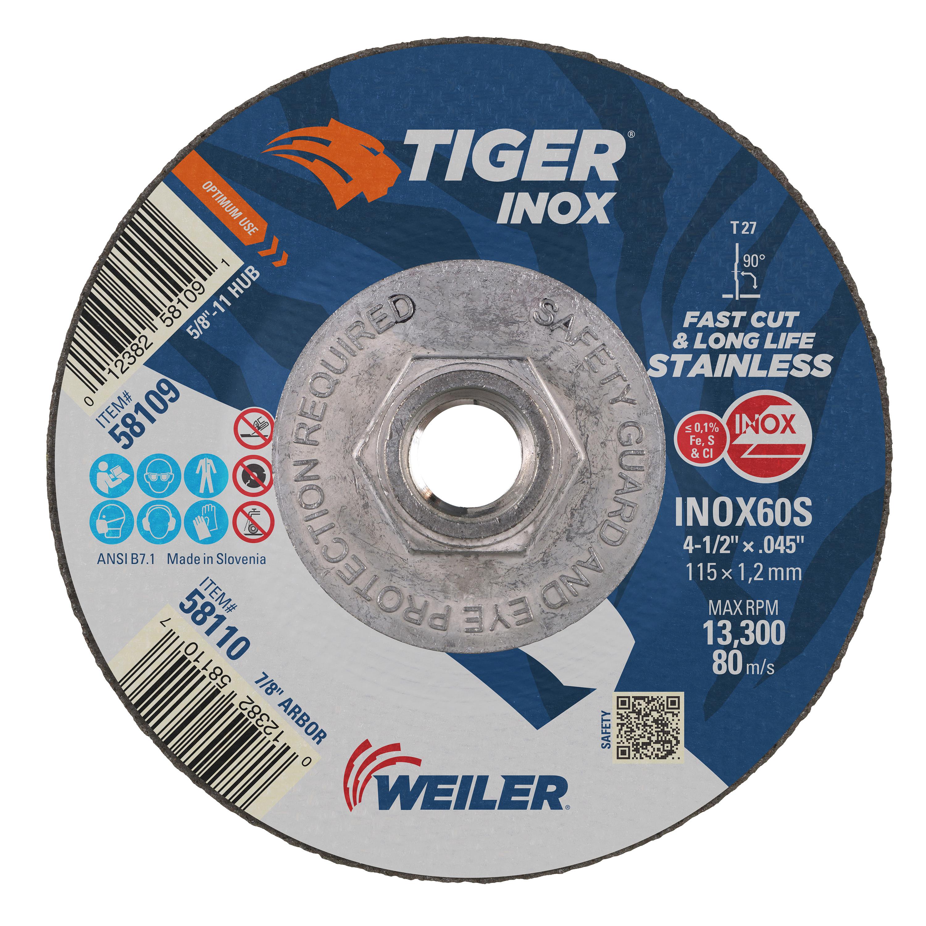 Tiger&reg; Inox 58121 Contaminant-Free Performance Line Depressed Center Grinding Wheel, 4-1/2 in Dia 1/4 in THK, 7/8 in Center Hole, 24 Grit, White Aluminum Oxide Abrasive