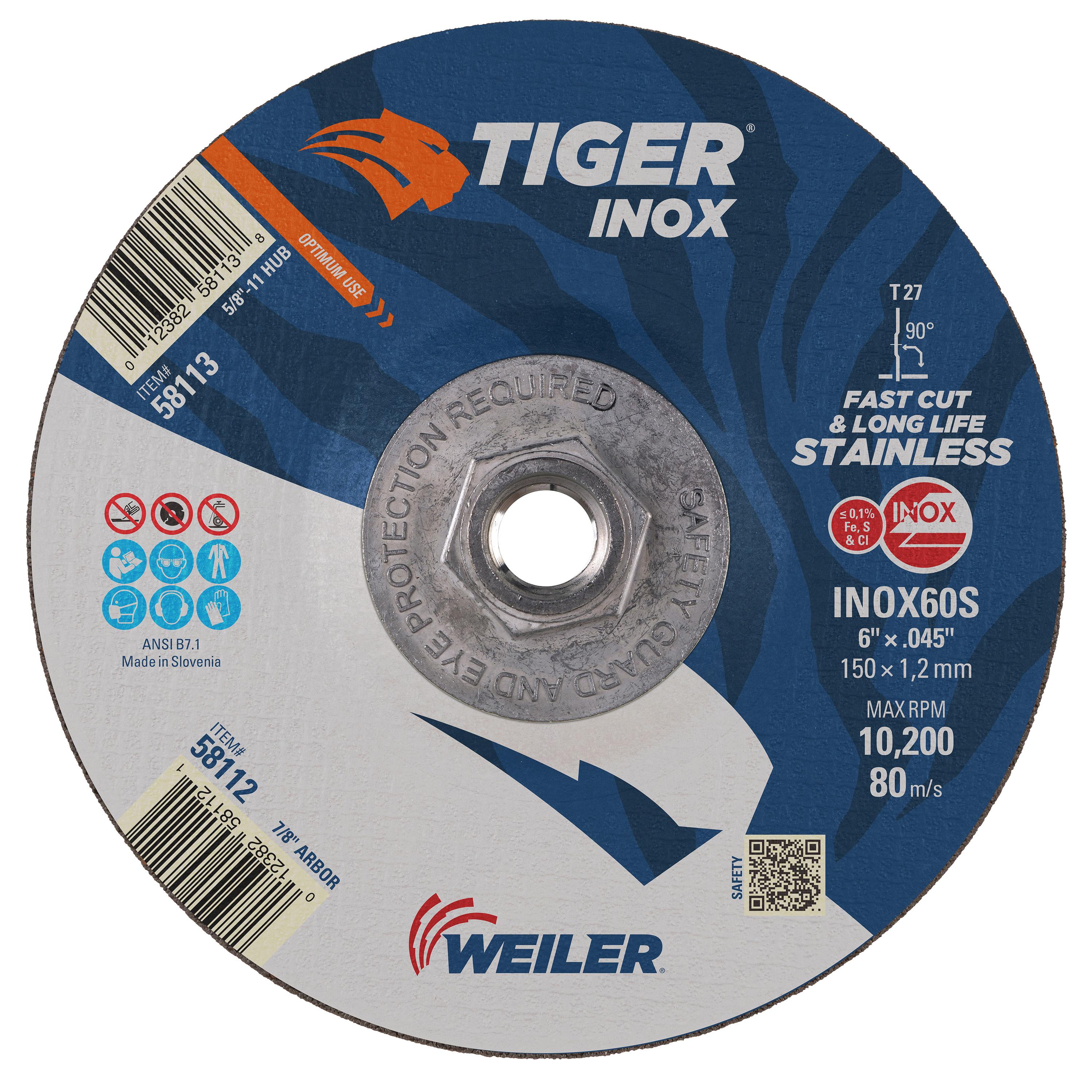 Tiger&reg; Inox 58128 High Performance Grinding Wheel, 6 in Dia 1/4 in THK, 5/8-11 UNC Center Hole, 24 Grit, Aluminum Oxide Abrasive