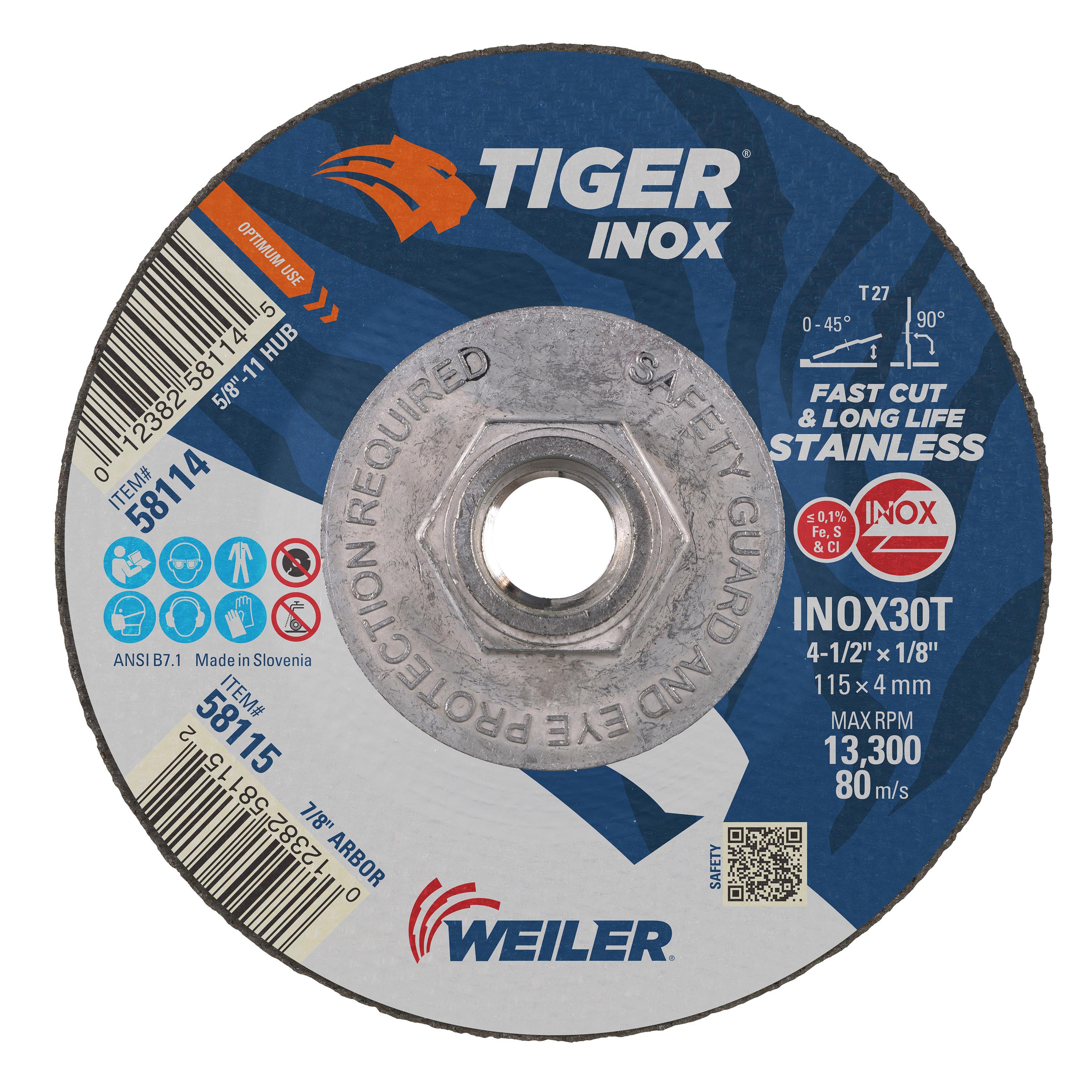 Tiger&reg; Inox 58128 High Performance Grinding Wheel, 6 in Dia 1/4 in THK, 5/8-11 UNC Center Hole, 24 Grit, Aluminum Oxide Abrasive