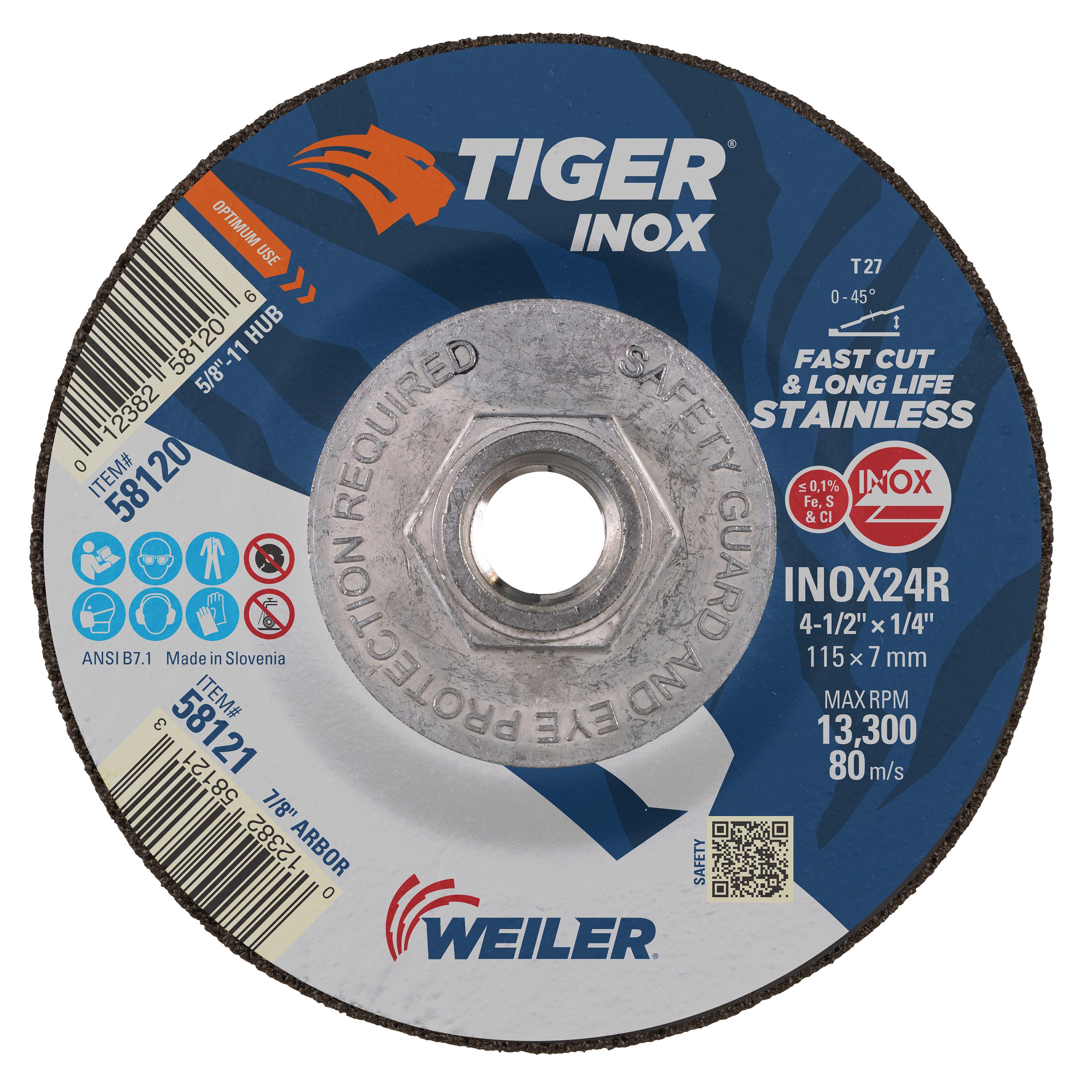 Tiger&reg; Inox 58130 Fast and Long Life Ultra Thin Ultra Cut Cut-Off Wheel, 4-1/2 in Dia 1 mm THK, 7/8 in Center Hole, 60T Grit, White Aluminum Oxide Abrasive