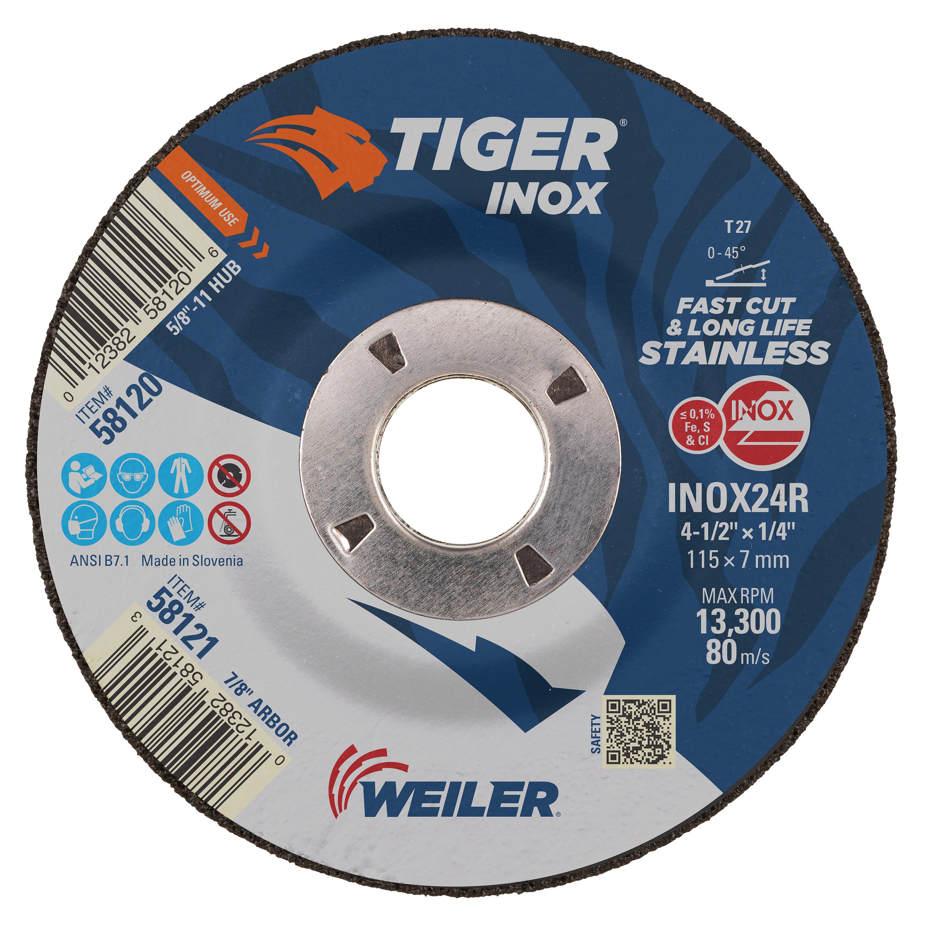 Tiger&reg; Inox 58120 Contaminant-Free Performance Line Depressed Center Grinding Wheel, 4-1/2 in Dia 1/4 in THK, 24 Grit, White Aluminum Oxide Abrasive