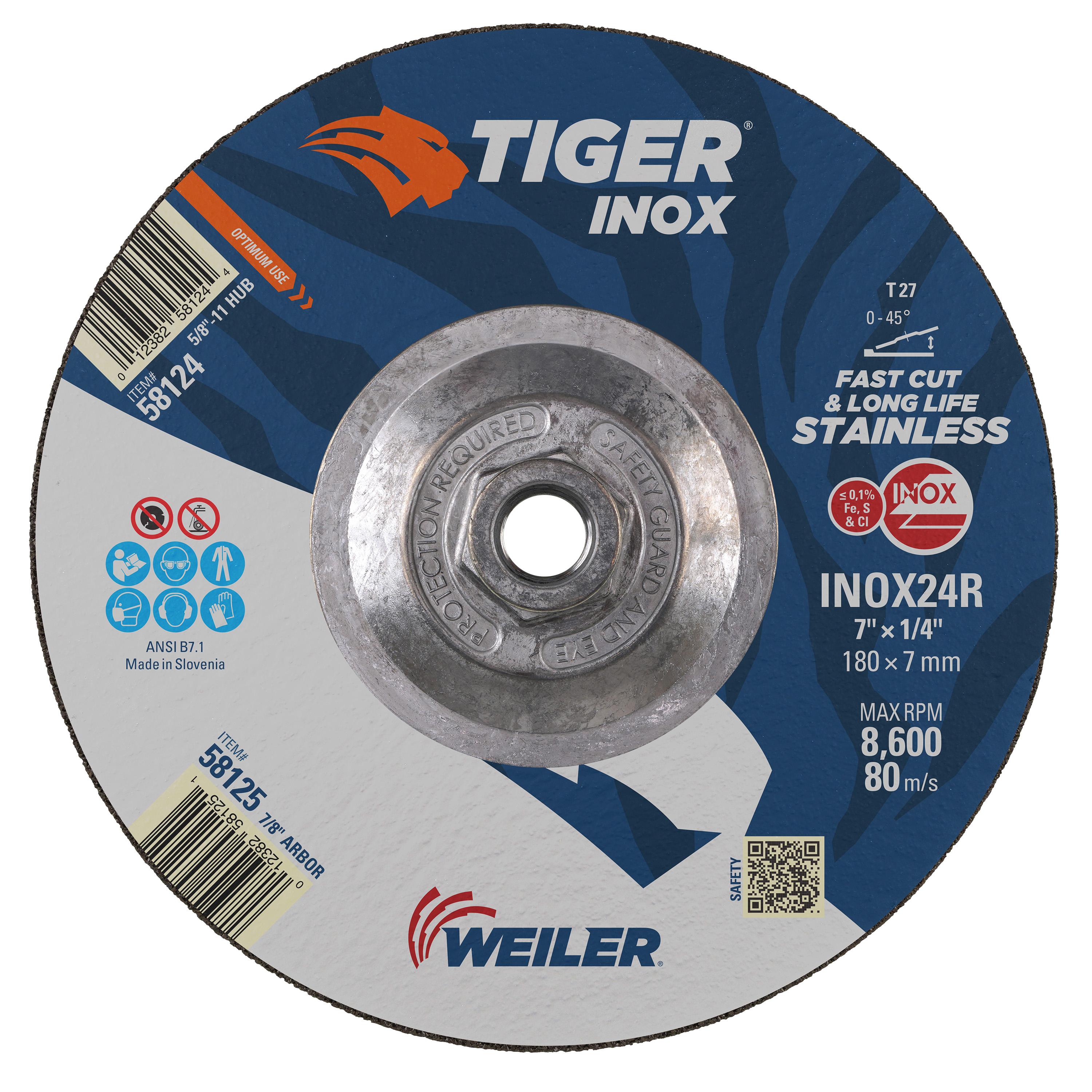 Tiger&reg; Inox 58109 Contaminant-Free Long Life Performance Line Thin Depressed Center Cutting Wheel, 4-1/2 in Dia 0.045 in THK, 60 Grit, White Aluminum Oxide Abrasive