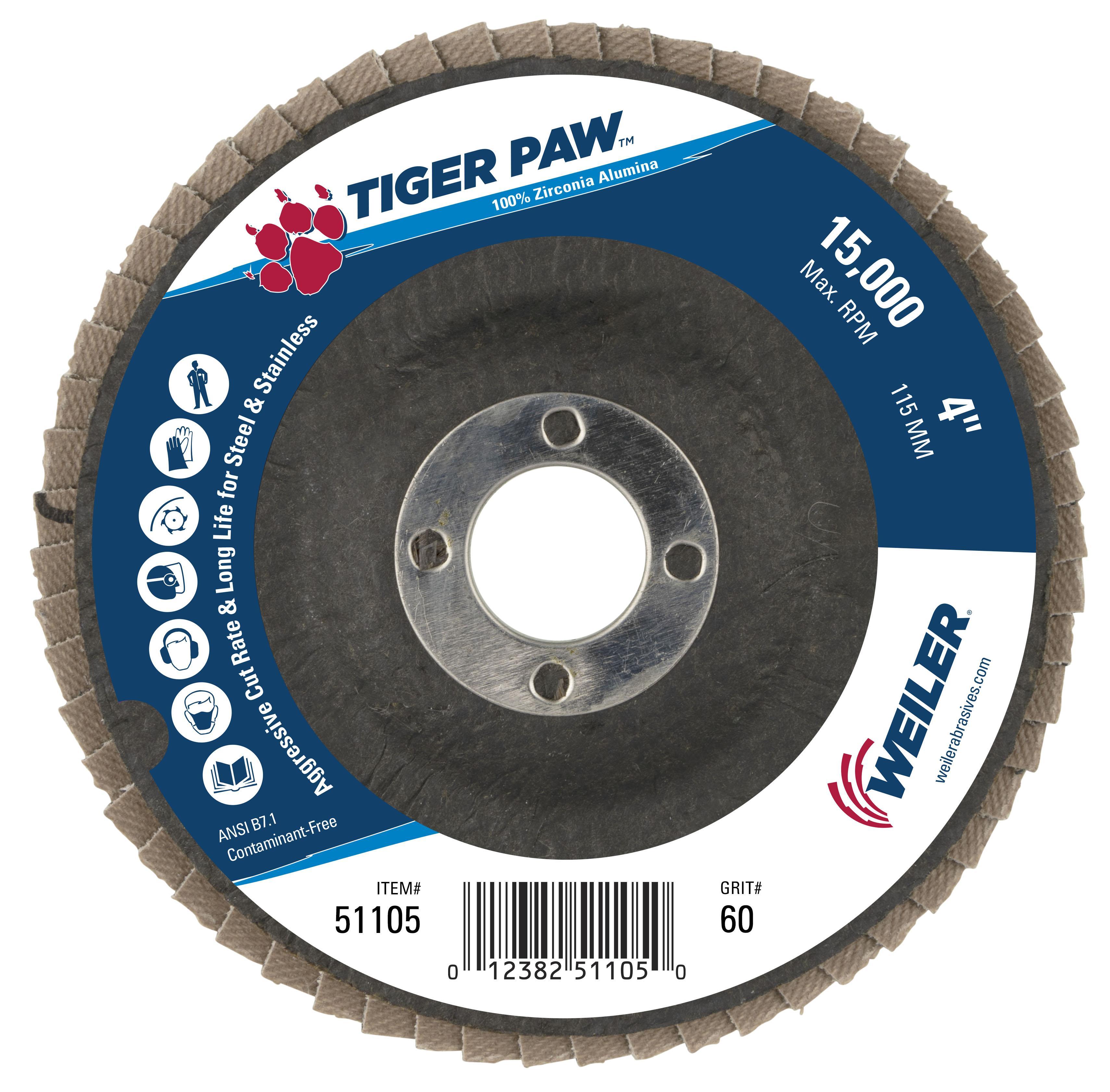 Tiger Paw&trade; 51161 Super High Density High Performance Coated Abrasive Flap Disc, 4-1/2 in Dia Disc, 7/8 in Center Hole, 40 Grit, Coarse Grade, Zirconia Alumina Abrasive, Type 27 Flat Disc