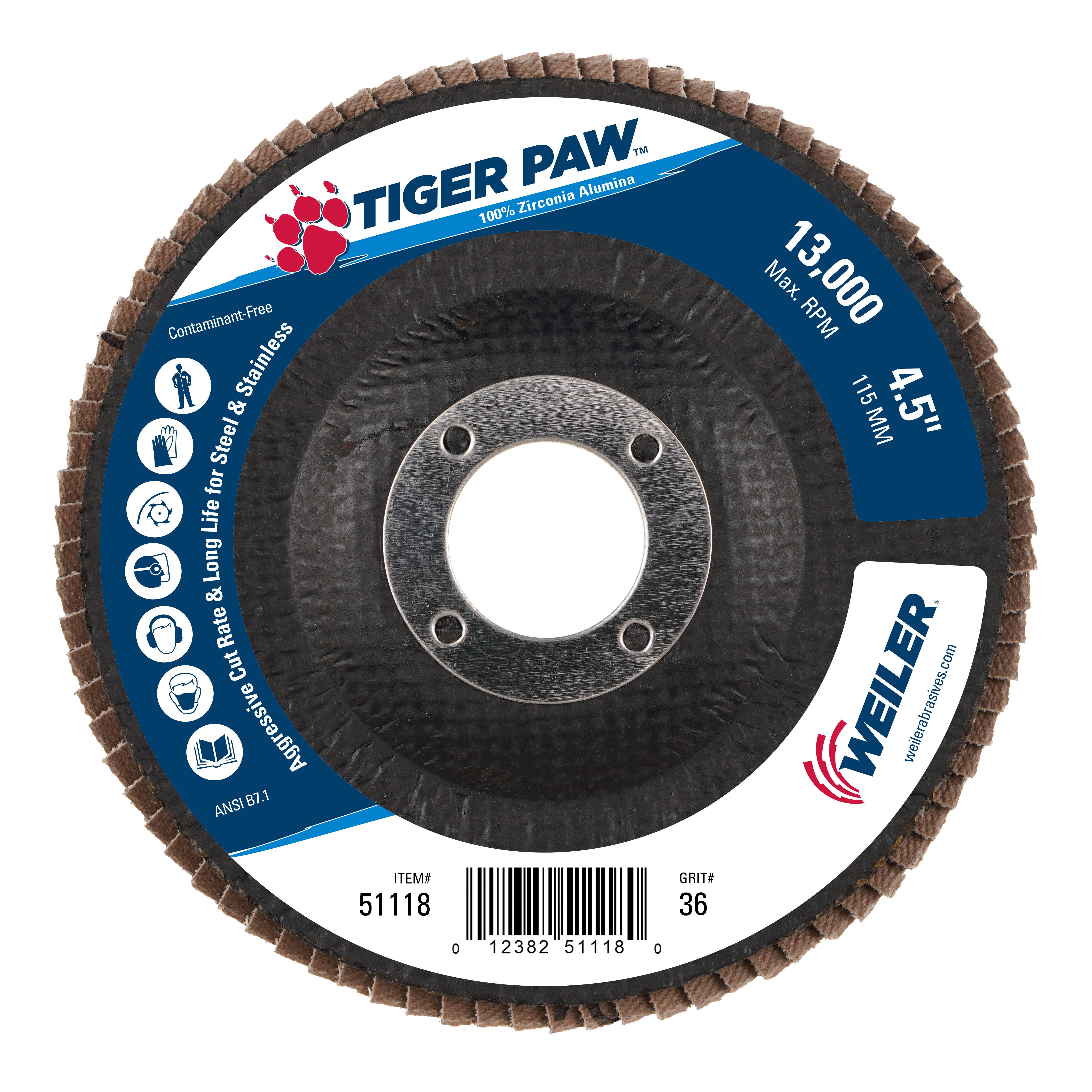 Tiger Paw&trade; 51113 High Performance Coated Abrasive Flap Disc, 4-1/2 in Dia Disc, 40 Grit, Coarse Grade, Zirconia Alumina Abrasive, Type 27 Flat Disc