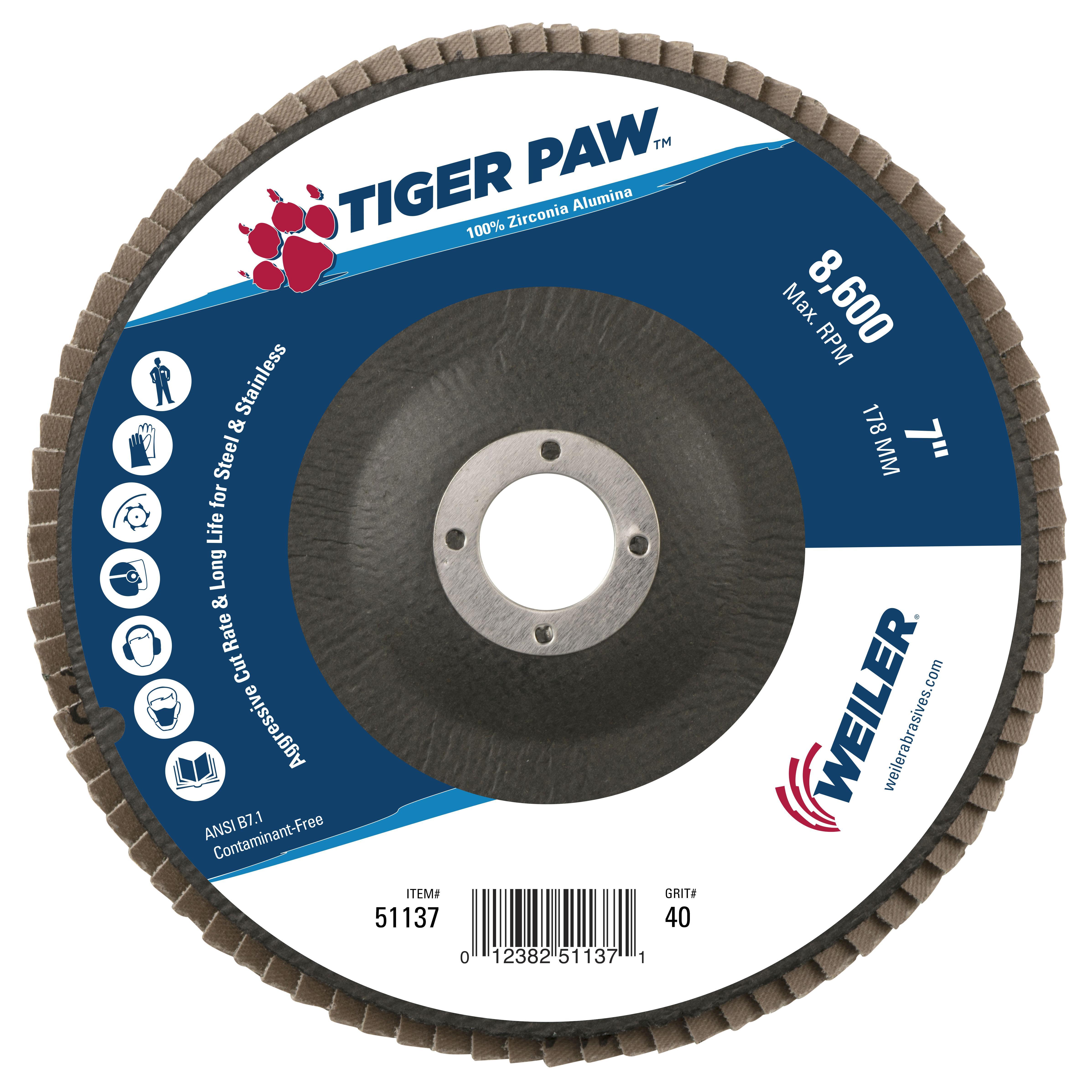 Tiger Paw™ 51118 High Performance Coated Abrasive Flap Disc, 4-1/2 in Dia Disc, 7/8 in Center Hole, 36 Grit, Very Coarse Grade, Zirconia Alumina Abrasive, Type 29/Angled Disc