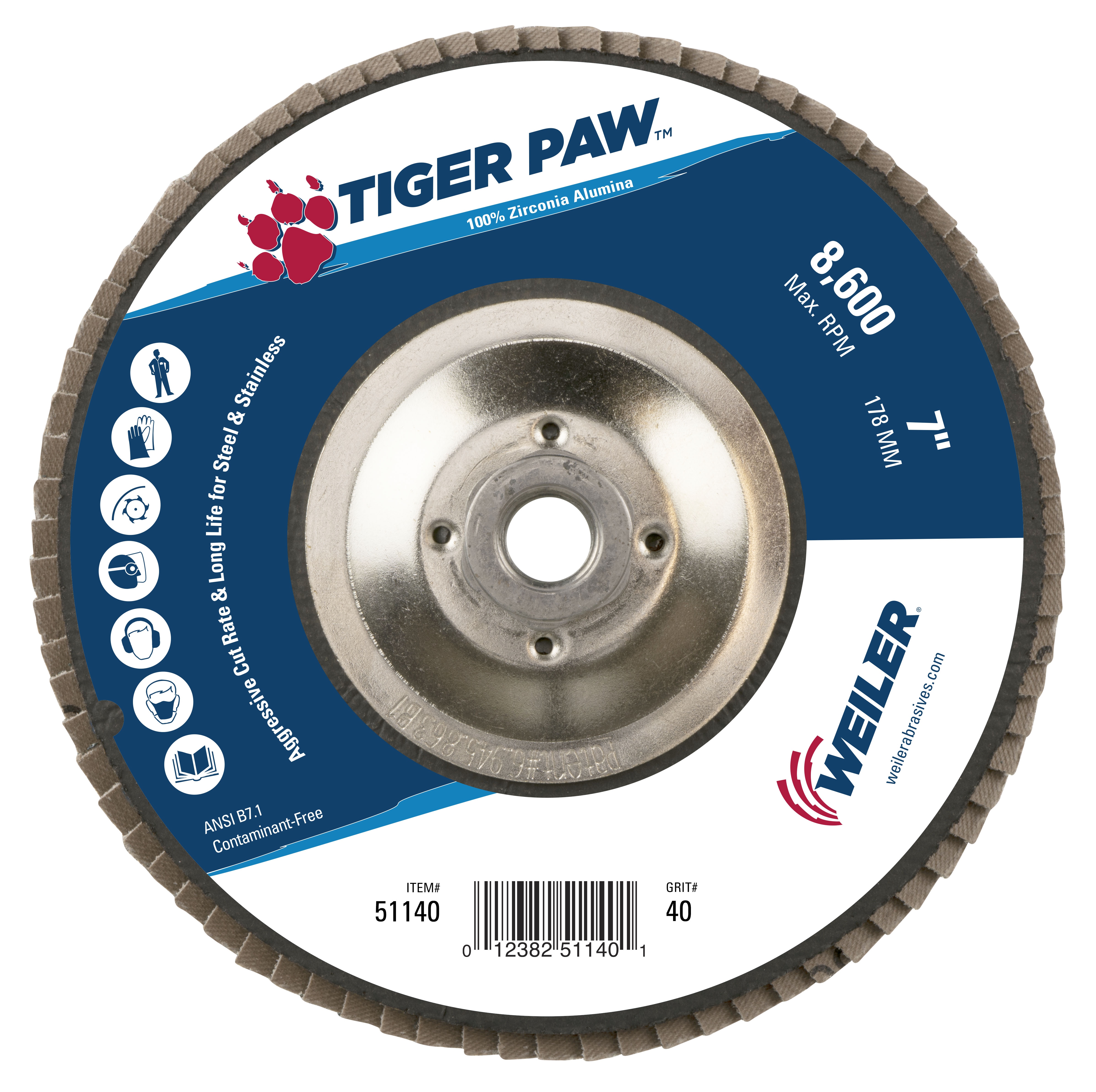 Tiger Paw&trade; 51105 High Performance Coated Abrasive Flap Disc, 4 in Dia Disc, 5/8 in Center Hole, 60 Grit, Medium Grade, Zirconia Alumina Abrasive, Type 29/Angled Disc