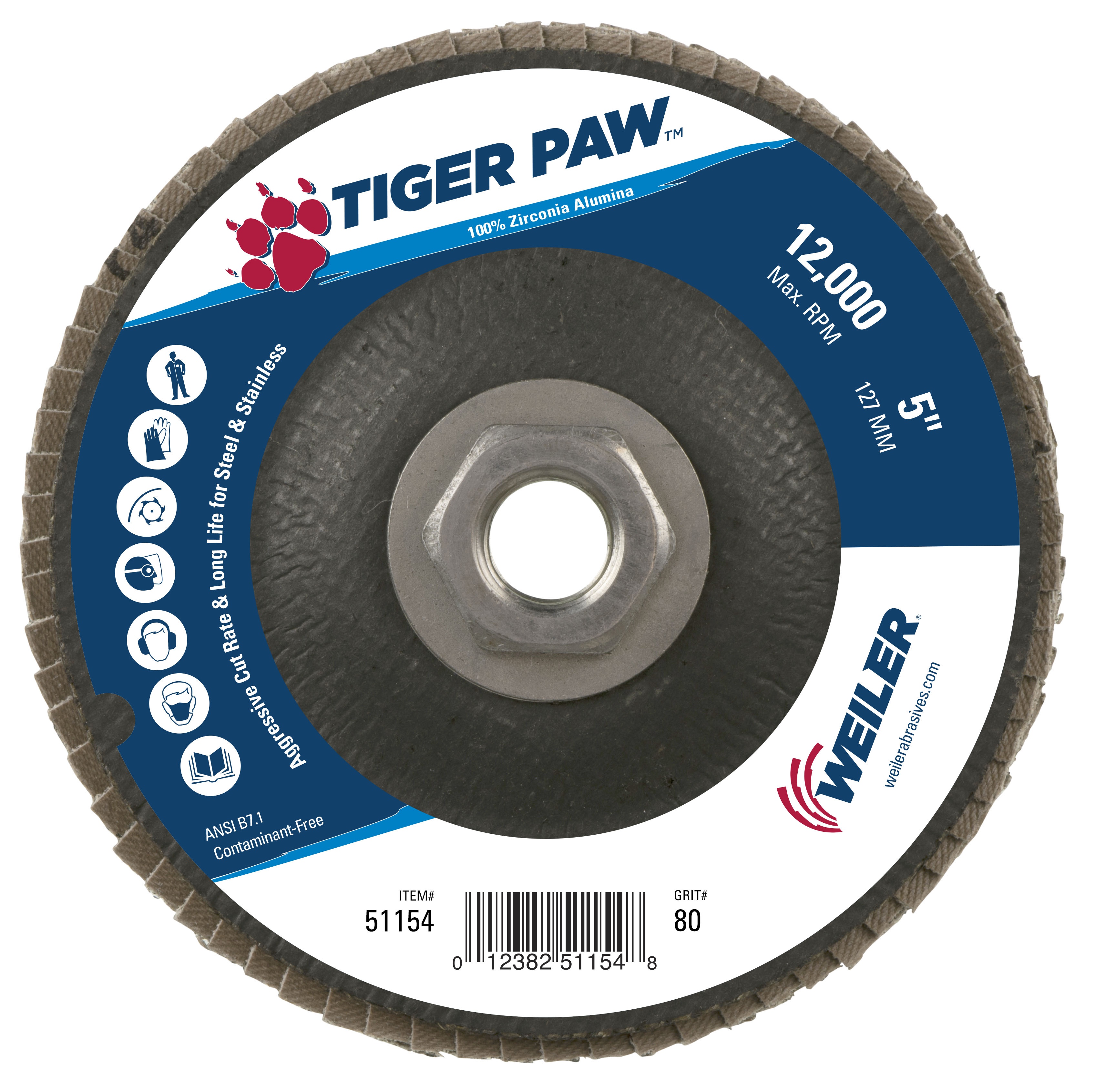 Tiger Paw&trade; 51132 High Performance Coated Abrasive Flap Disc, 5 in Dia Disc, 40 Grit, Coarse Grade, Zirconia Alumina Abrasive, Type 29/Angled Disc