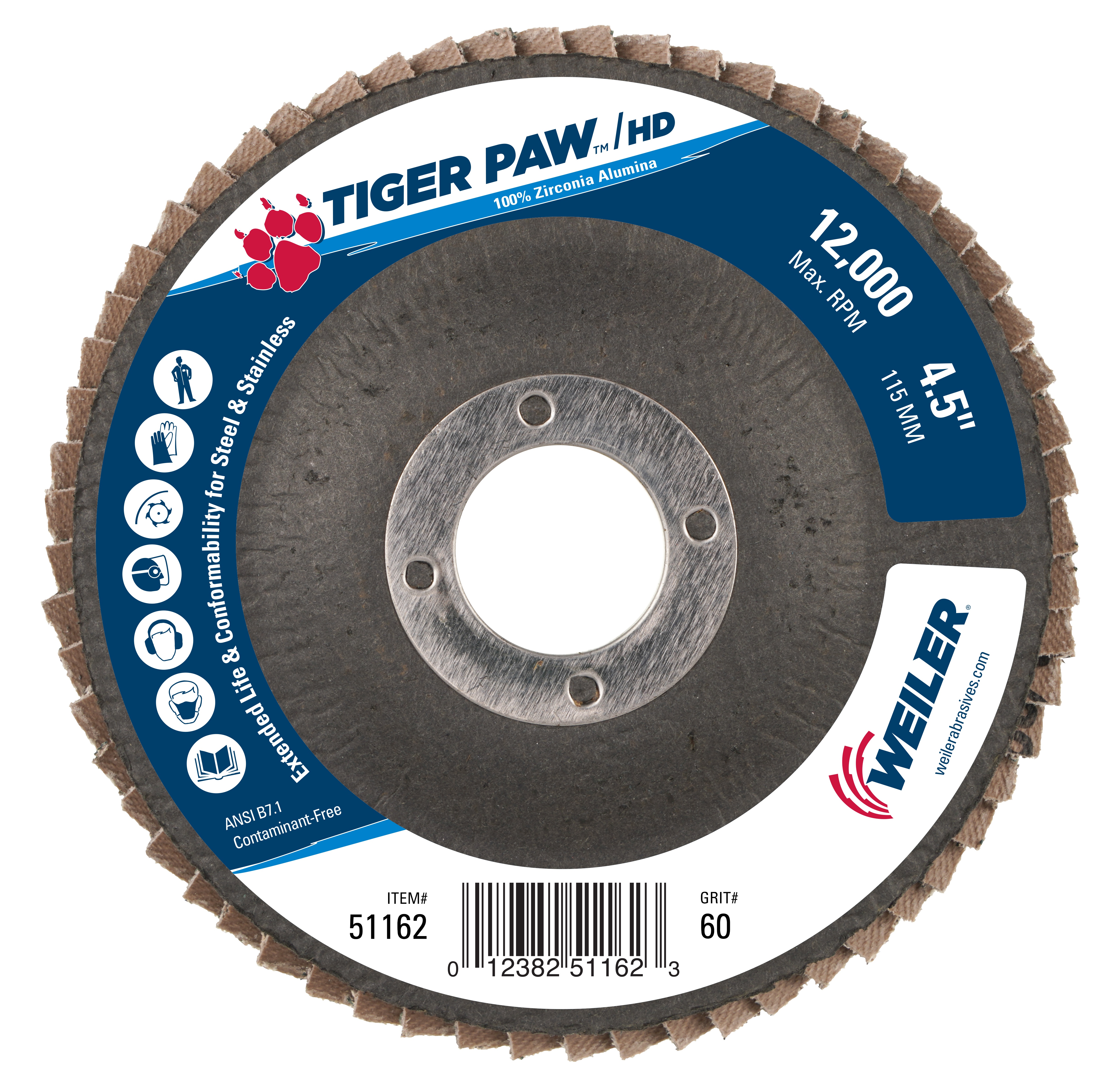 Tiger Paw&trade; 51125 High Density High Performance Coated Abrasive Flap Disc, 4-1/2 in Dia Disc, 60 Grit, Medium Grade, Zirconia Alumina Abrasive, Type 29/Angled Disc