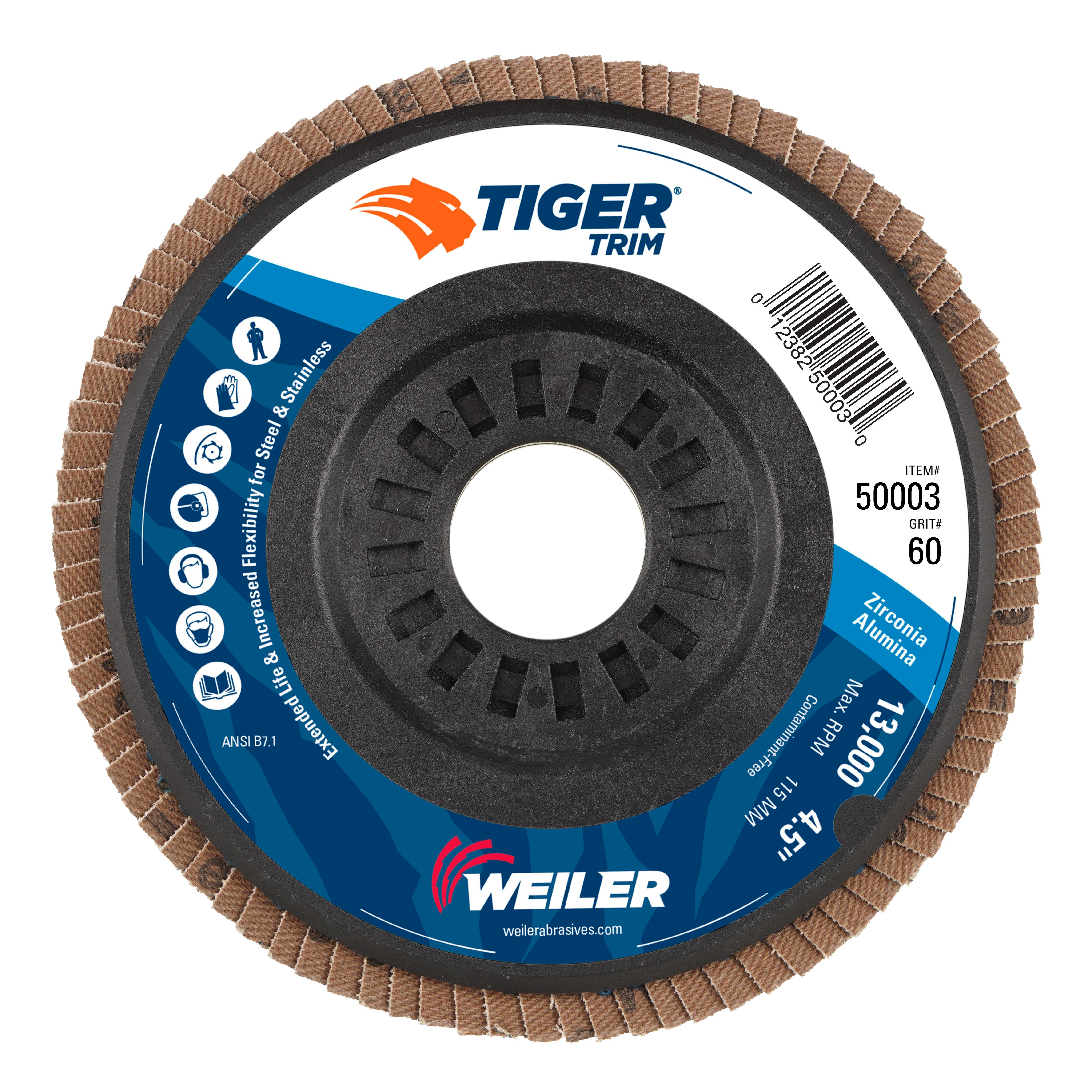 Tiger&reg; Trim 50009 Coated Abrasive Flap Disc, 4-1/2 in Dia Disc, 120 Grit, Fine Grade, Zirconia Alumina Abrasive, Type 29/Angled Disc