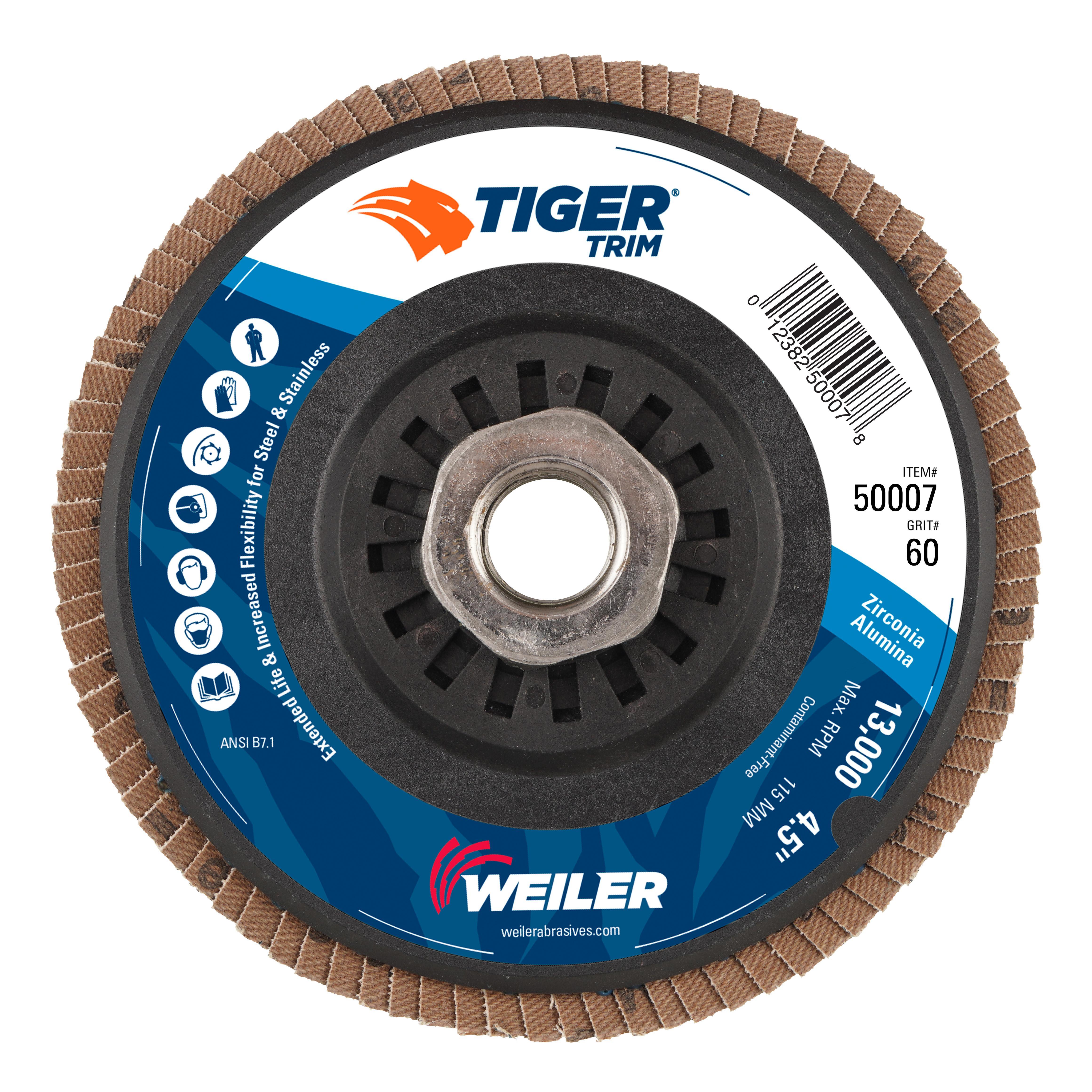 Tiger&reg; Trim 50014 Coated Abrasive Flap Disc, 5 in Dia Disc, 40 Grit, Coarse Grade, Zirconia Alumina Abrasive, Type 29/Angled Disc