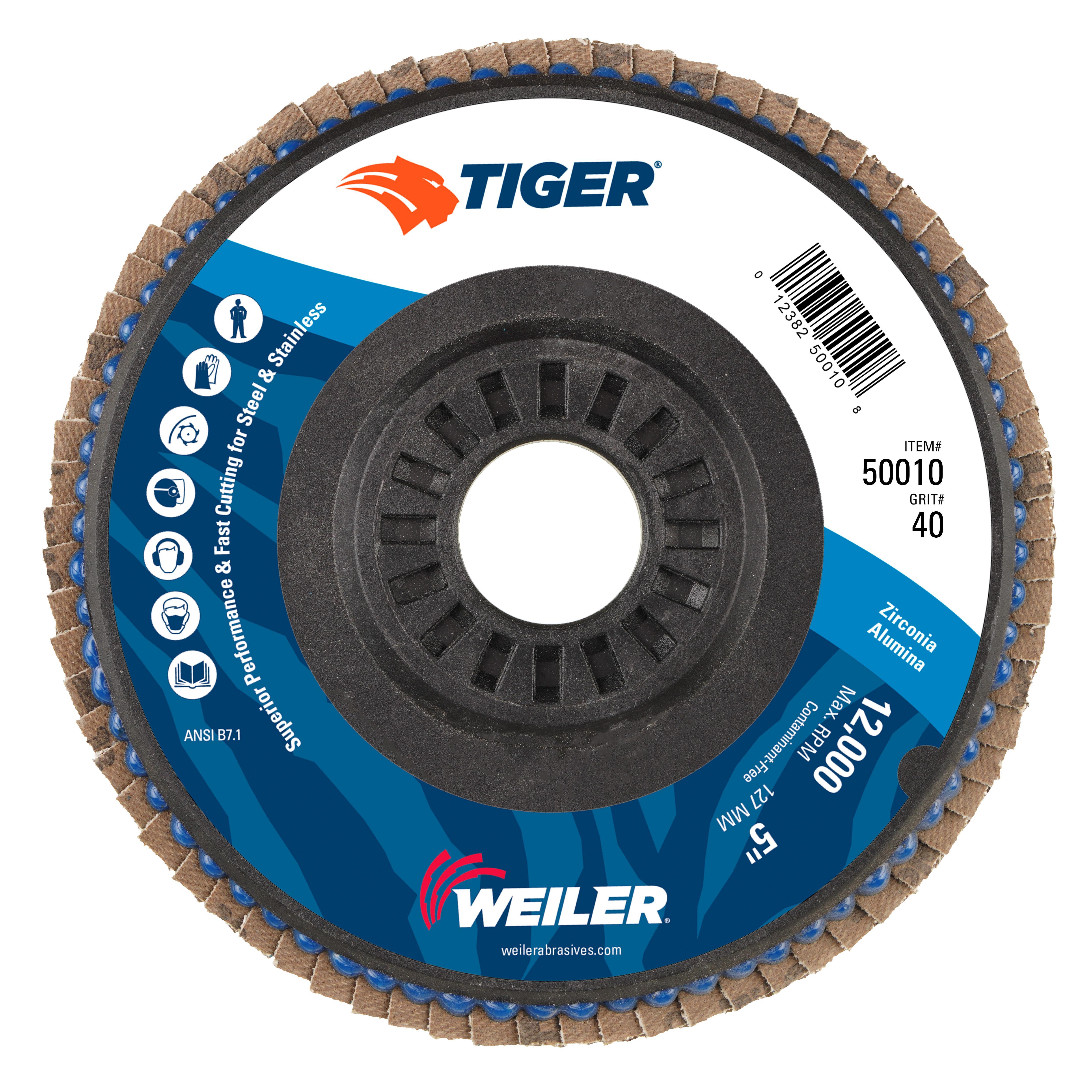 Tiger&reg; Trim 50003 Close Standard Density Coated Abrasive Flap Disc, 4-1/2 in Dia Disc, 7/8 in Center Hole, 60 Grit, Medium Grade, Zirconia Alumina Abrasive, Type 29/Angled Disc