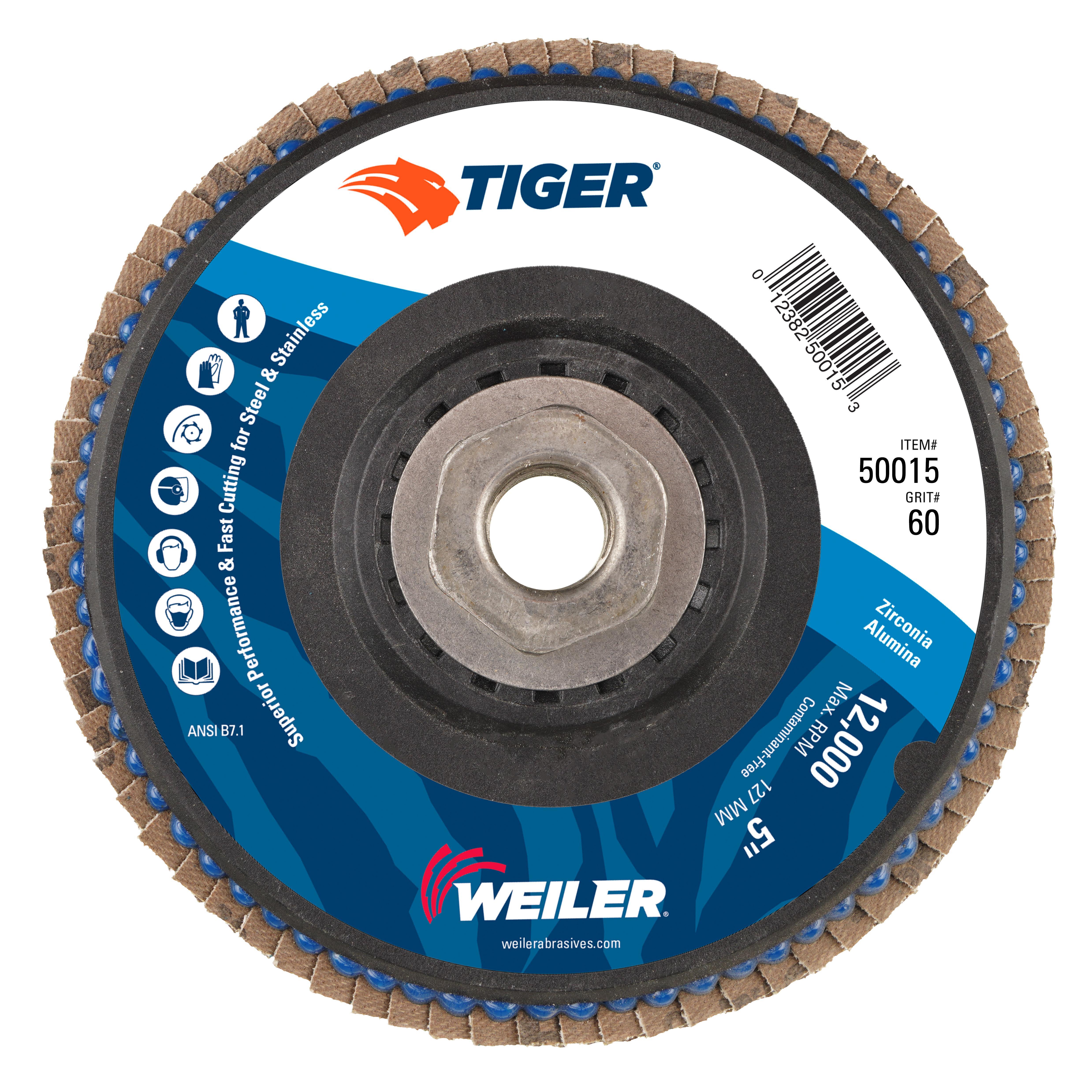 Tiger® Trim 50014 Coated Abrasive Flap Disc, 5 in Dia Disc, 40 Grit, Coarse Grade, Zirconia Alumina Abrasive, Type 29/Angled Disc