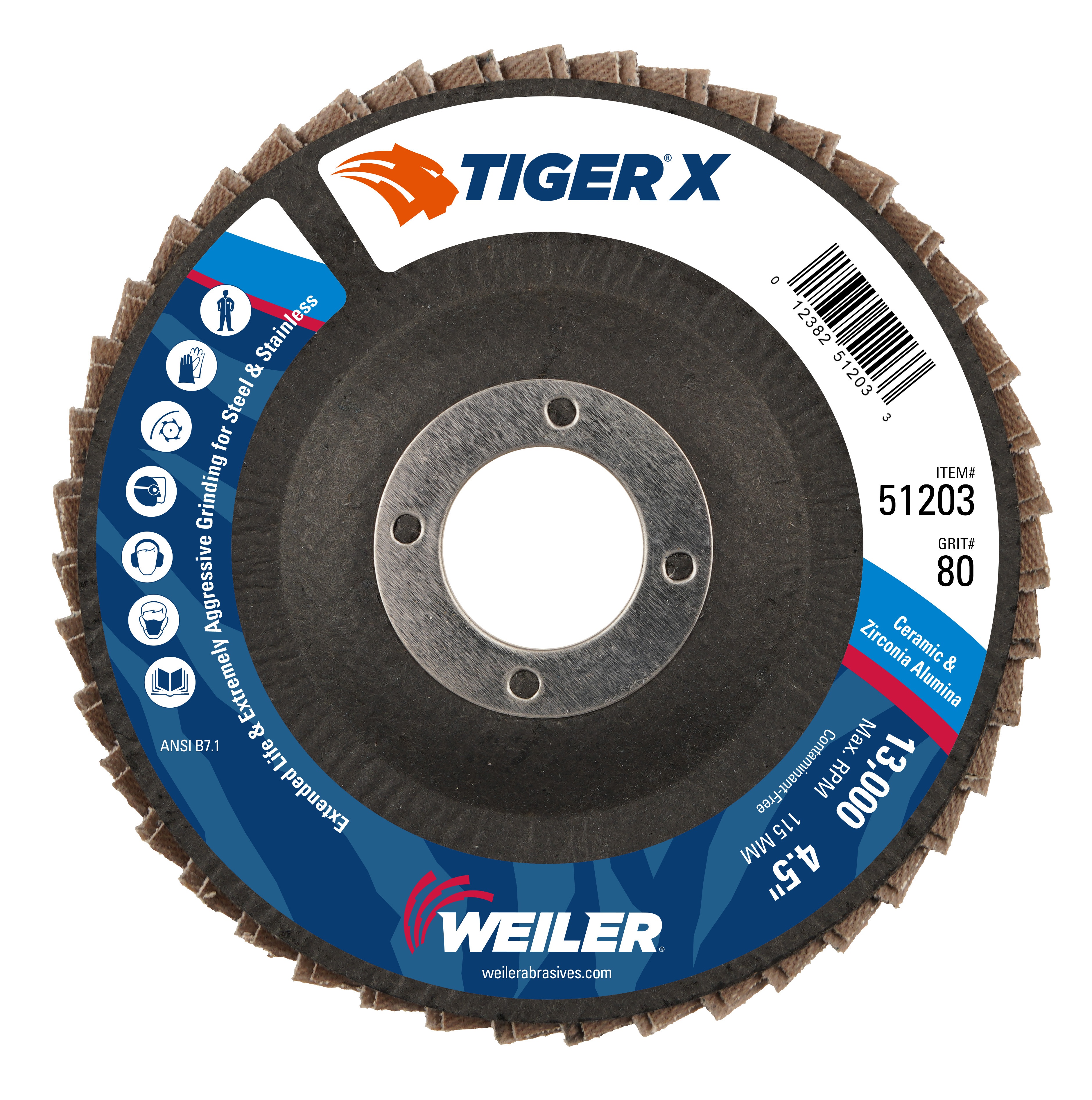 Tiger&reg; X 51212 Standard Density Coated Abrasive Flap Disc, 5 in Dia Disc, 40 Grit, Coarse Grade, Zirconia Alumina/Ceramic Alumina Abrasive, Type 29/Angled Disc