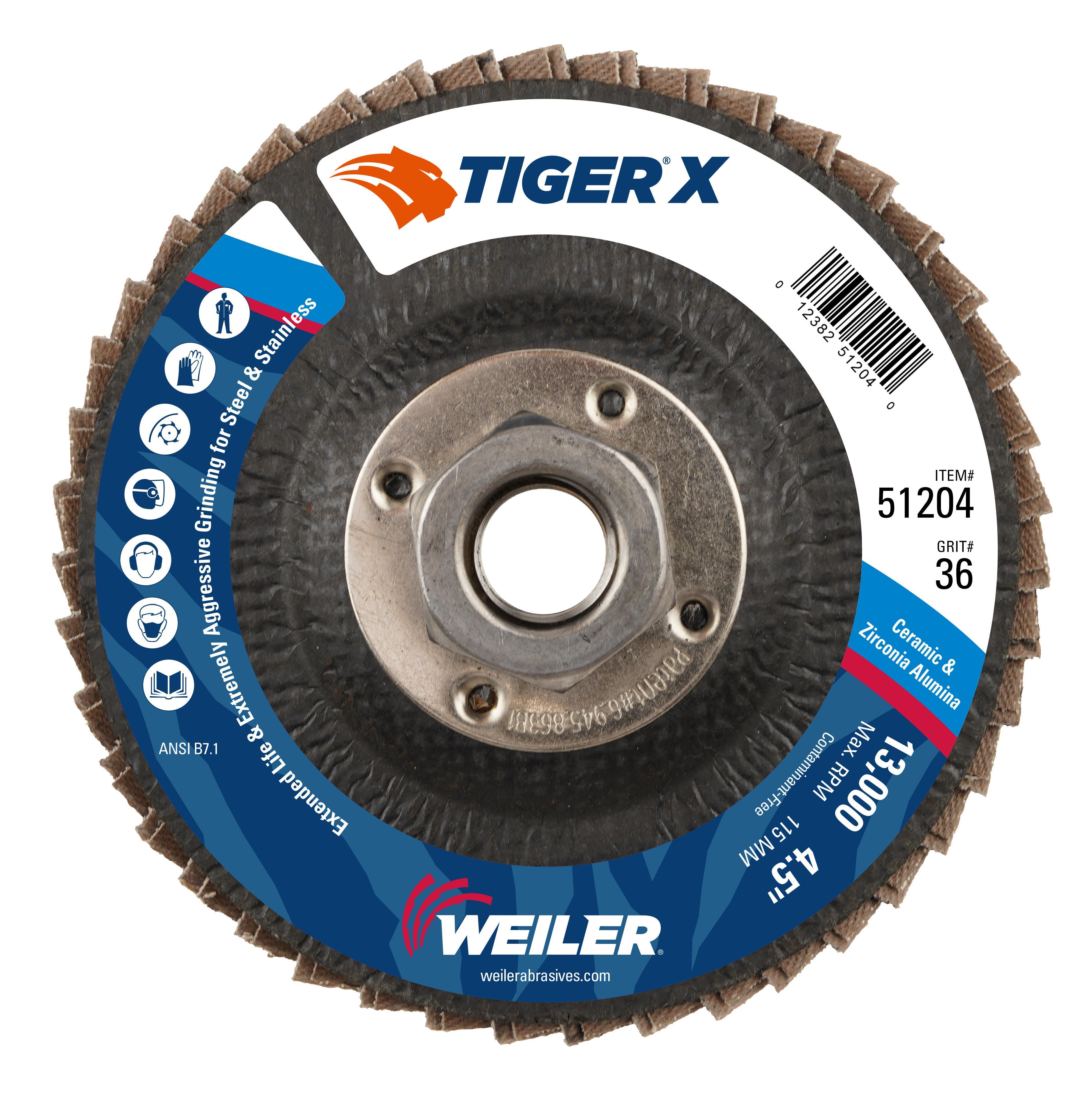 Tiger&reg; X 51223 Standard Density Coated Abrasive Flap Disc, 4-1/2 in Dia Disc, 7/8 in Center Hole, 40 Grit, Coarse Grade, Zirconia Alumina/Ceramic Alumina Abrasive, Type 27 Flat Disc